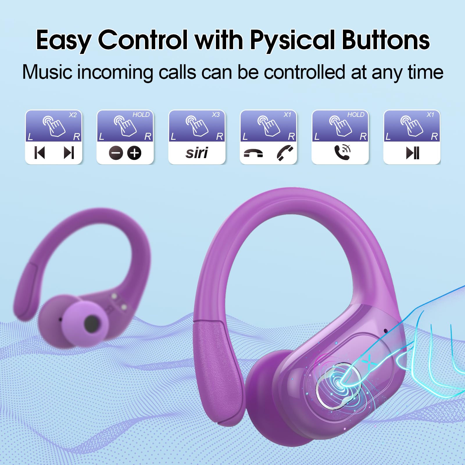 2025 Wireless Bluetooth 5.4 Earbuds with 75H Playtime - Sport Headphones with Ear Hooks, ENC Noise Cancelling Mic, IPX7 Waterproof & Deep Bass Stereo Sound (Purple) - Perfect for Running, Gym Workouts & Outdoor Activities