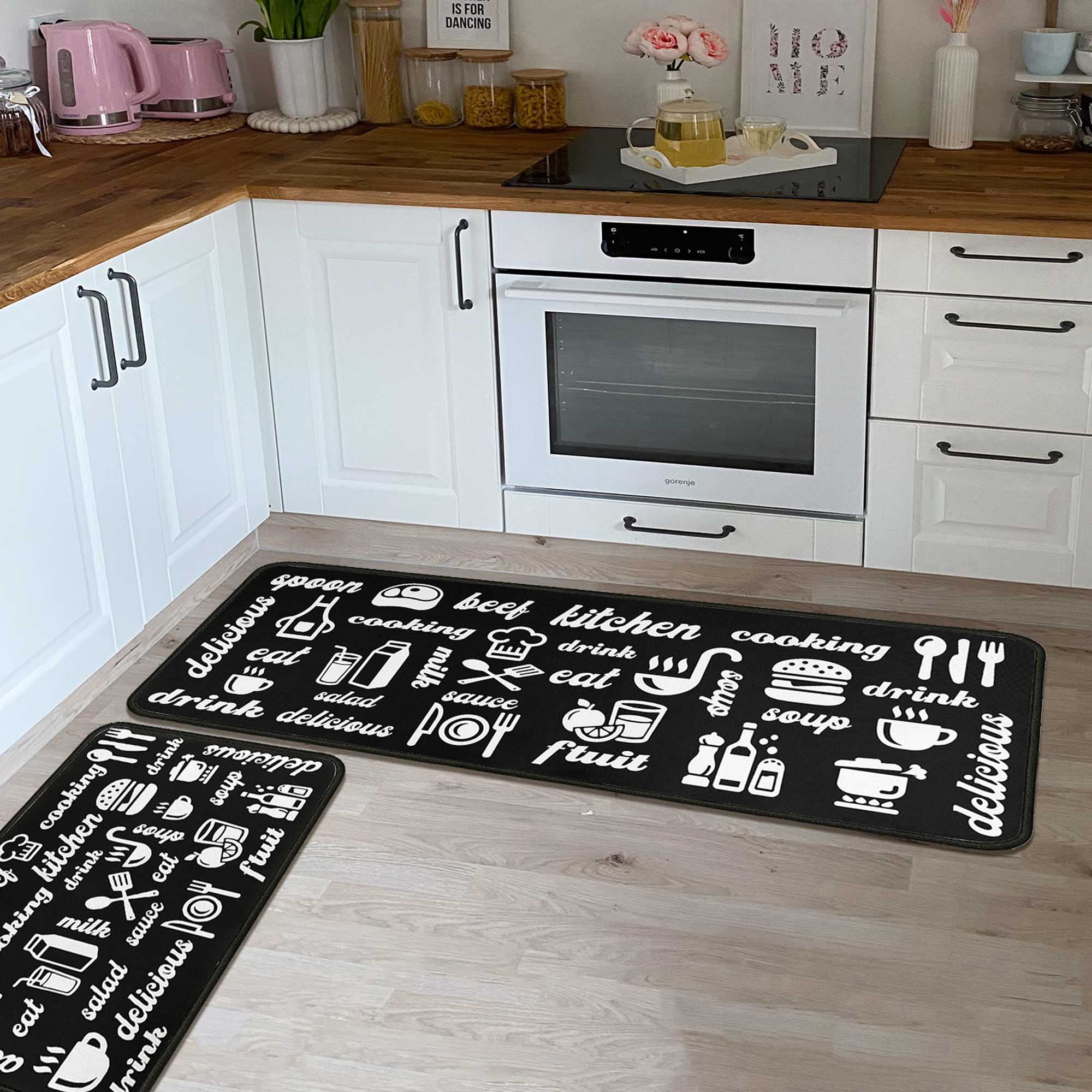 Black Kitchen Rugs Set of 2 - Non-Slip Washable Kitchen Floor Mats & Doormat Runner Rug - 17