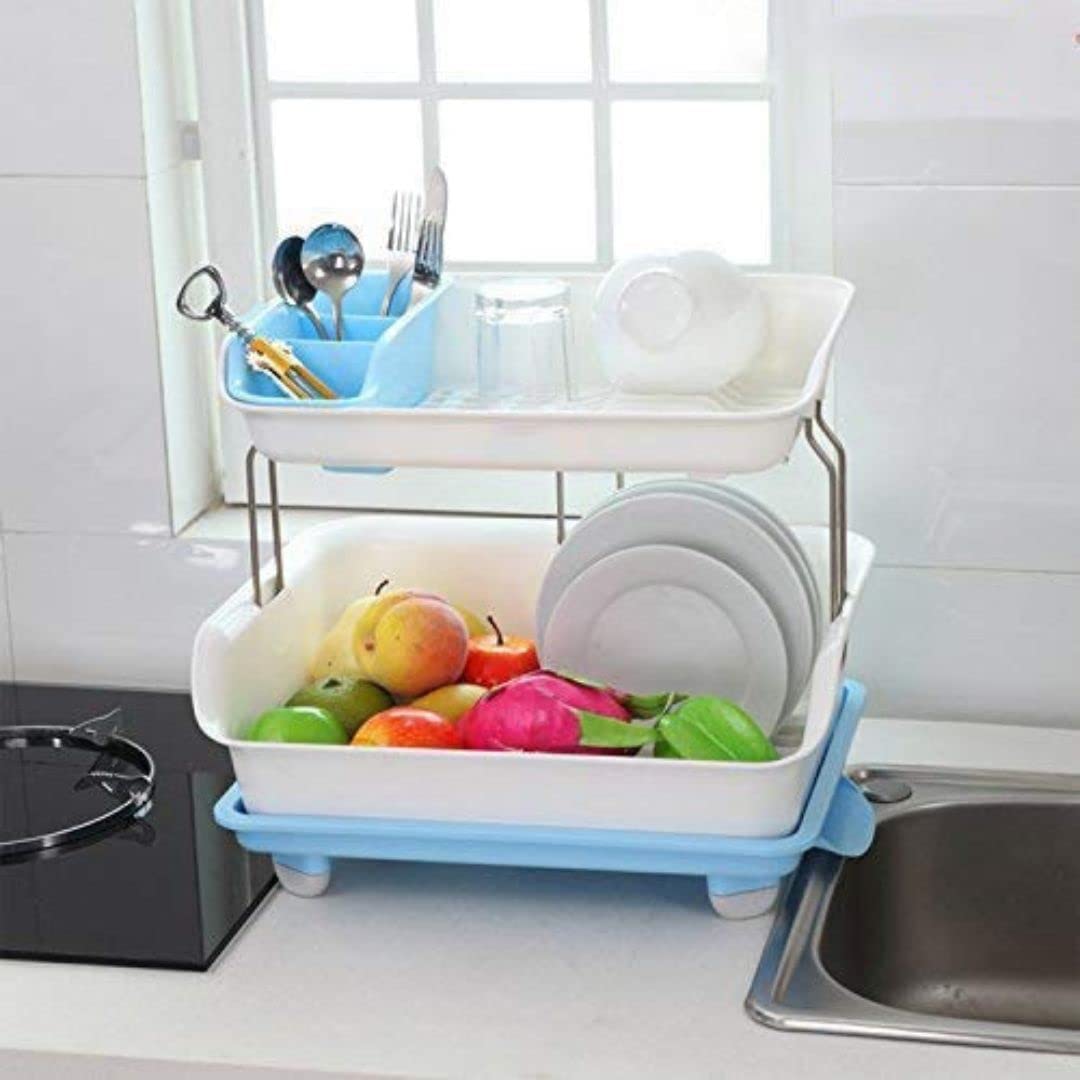 SmartSlide 2-Tier Plastic Dish Drying Rack with Detachable Tray & Cutlery Holder - Space-Saving Kitchen Utensil Organizer (16
