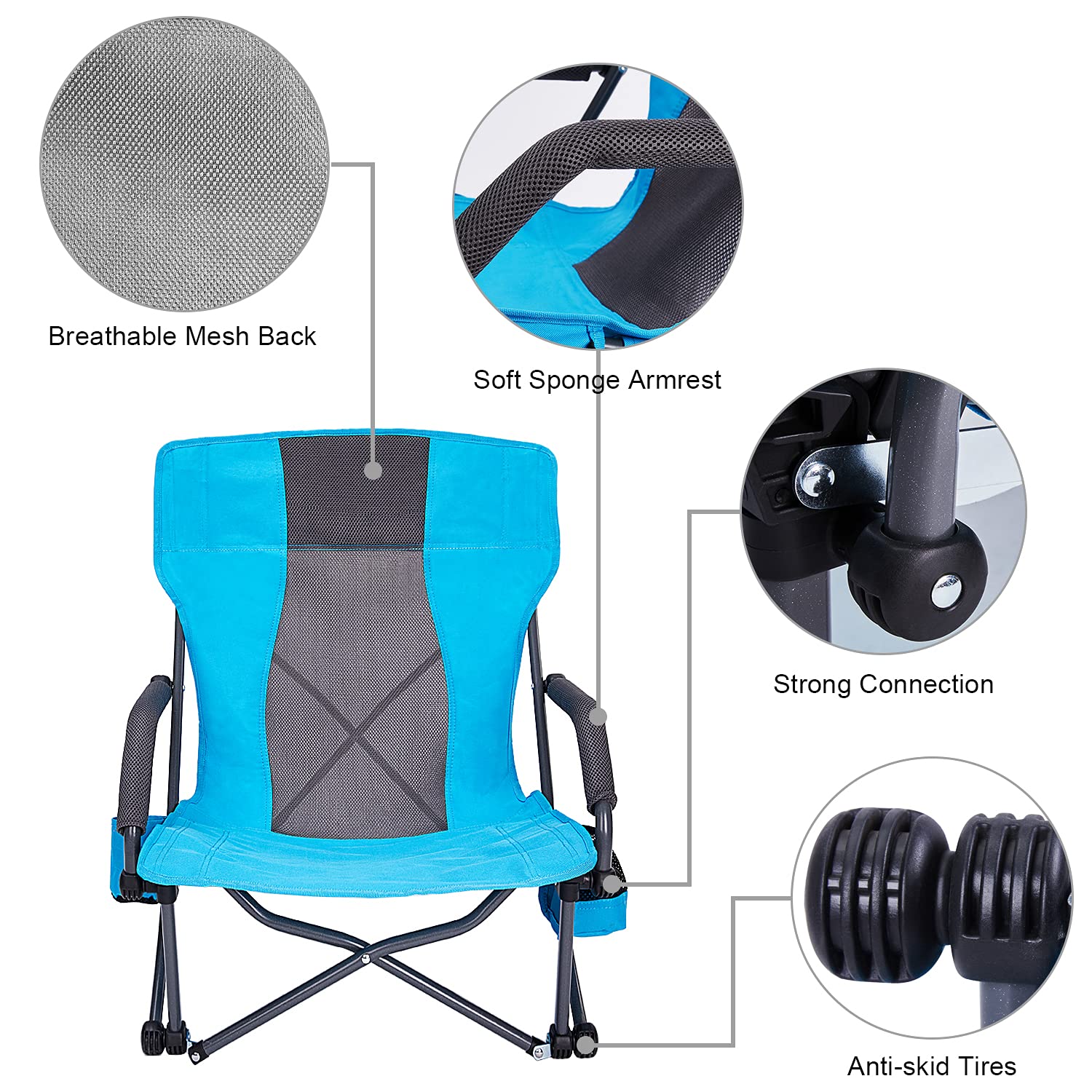 G4Free Portable Folding Beach Chair with Lumbar Support - Lightweight Camping Chair for Outdoor, Picnic, Concert & Travel - Includes Carry Bag (Blue)