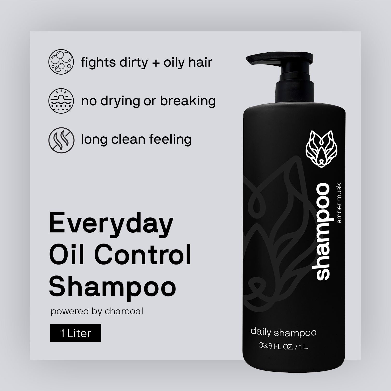 Black Wolf Men's Shampoo for Oily Hair - 33.8 Fl Oz Charcoal-Infused Oil Control Shampoo with Moisturizing & Deep Cleansing Formula | Hydrates & Nourishes Scalp | Daily Hair Care for Men | Perfect for Gym, Work & Active Lifestyles