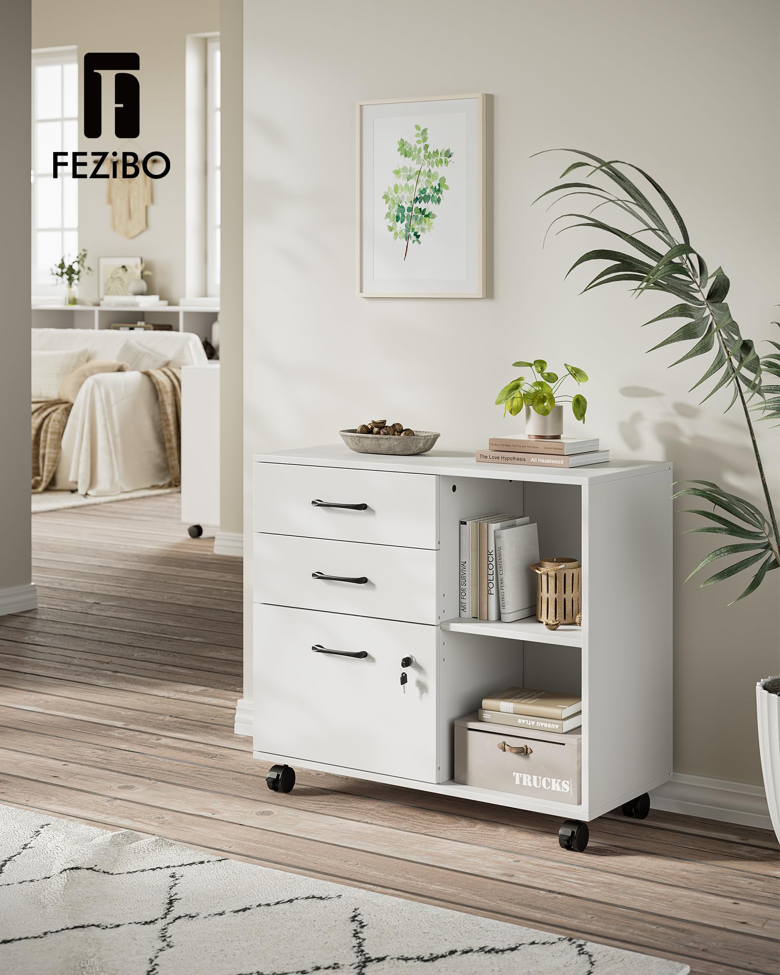 FEZIBO Home Office File Cabinet with Locking Drawers & Open Storage Shelves - Mobile Lateral Filing Cabinet & Printer Stand - White - Perfect for Organizing Documents & Office Supplies in Small Spaces