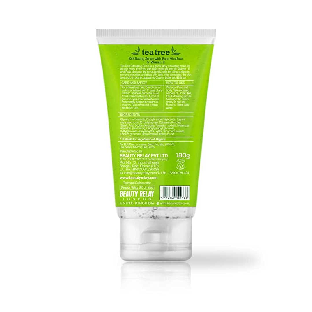 Beauty Relay London Coraki Tea Tree Exfoliating Scrub 200g - Deep Cleansing Hydrating Facial Scrub with Tea Tree Oil, Rose Absolute & Juglans Nigra Seed | Removes Impurities, Excess Oil & Dead Skin Cells | Prevents Acne & Provides Moisturization | Daily Use Face Wash for Men & Women | Perfect for Morning & Night Skincare Routine