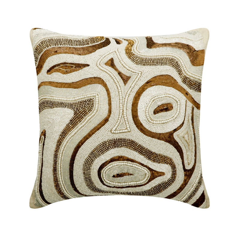 Luxury Agate Ornate Ivory & Gold Silk Decorative Euro Sham Pillow Cover - Elegant Bedroom Decor for Master Suite, Guest Room & Hotel Styling