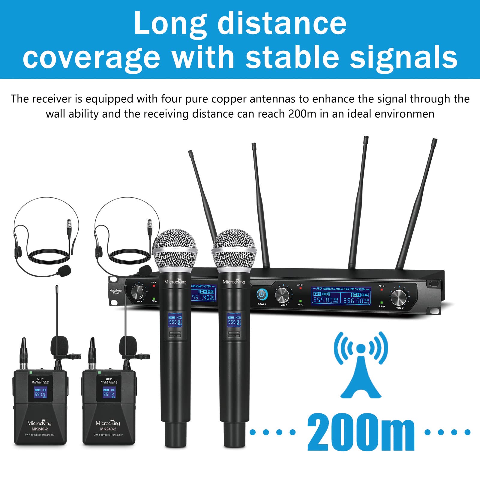 MicrocKing Professional UHF Wireless Microphone System - 2 Handheld Mics & 2 Lavalier Bodypacks, Metal Construction, Fixed Frequency, Long Range (300ft) - Perfect for Karaoke, Parties, Weddings, Concerts, Church Events & Public Speaking