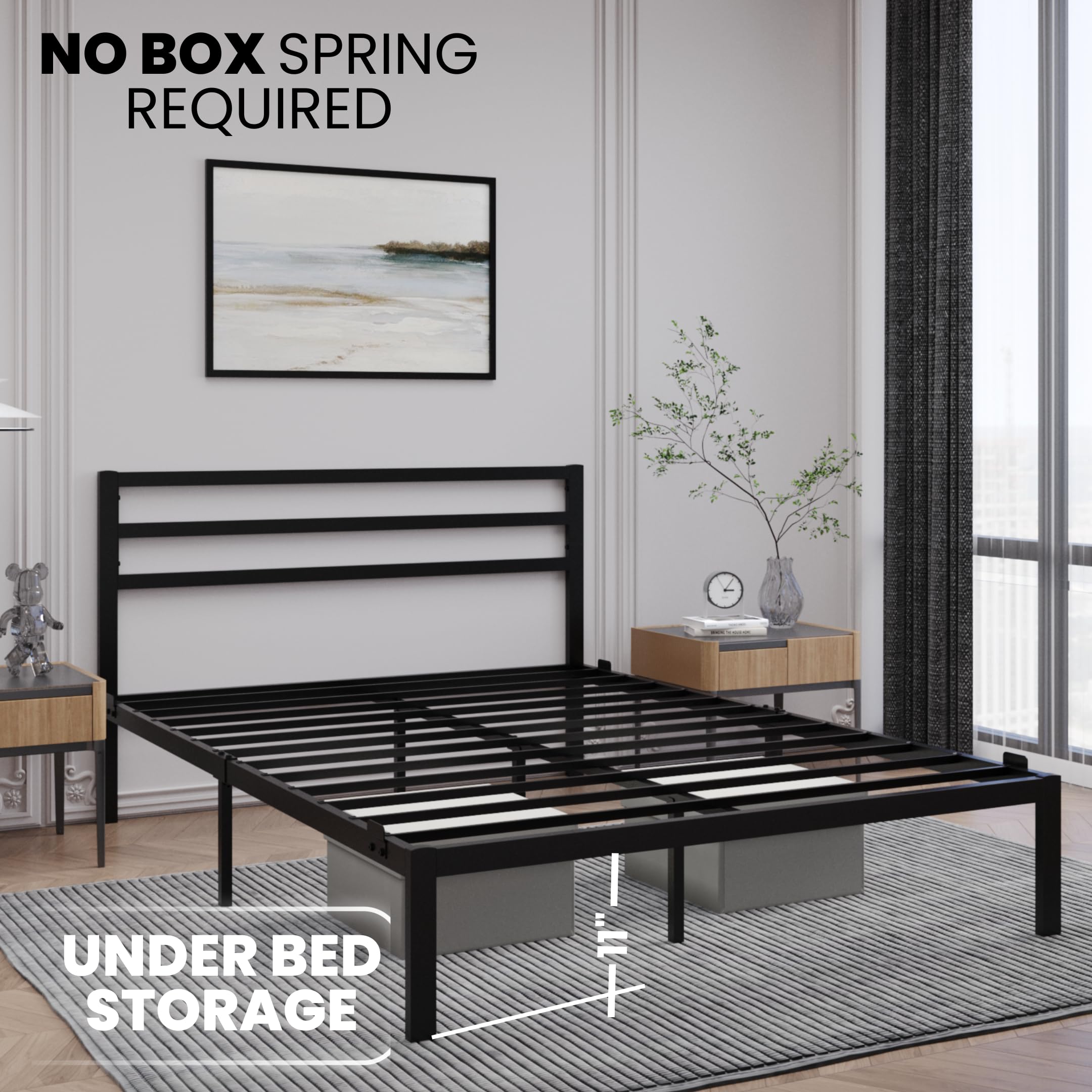 Golden Gate Beds Metal Bed Frame - Heavy Duty Steel Platform Base with Storage Space, No Box Spring Needed | Easy Assembly Queen Size Mattress Foundation | Minimalist Black Bedroom Furniture for Modern Homes & Small Apartments