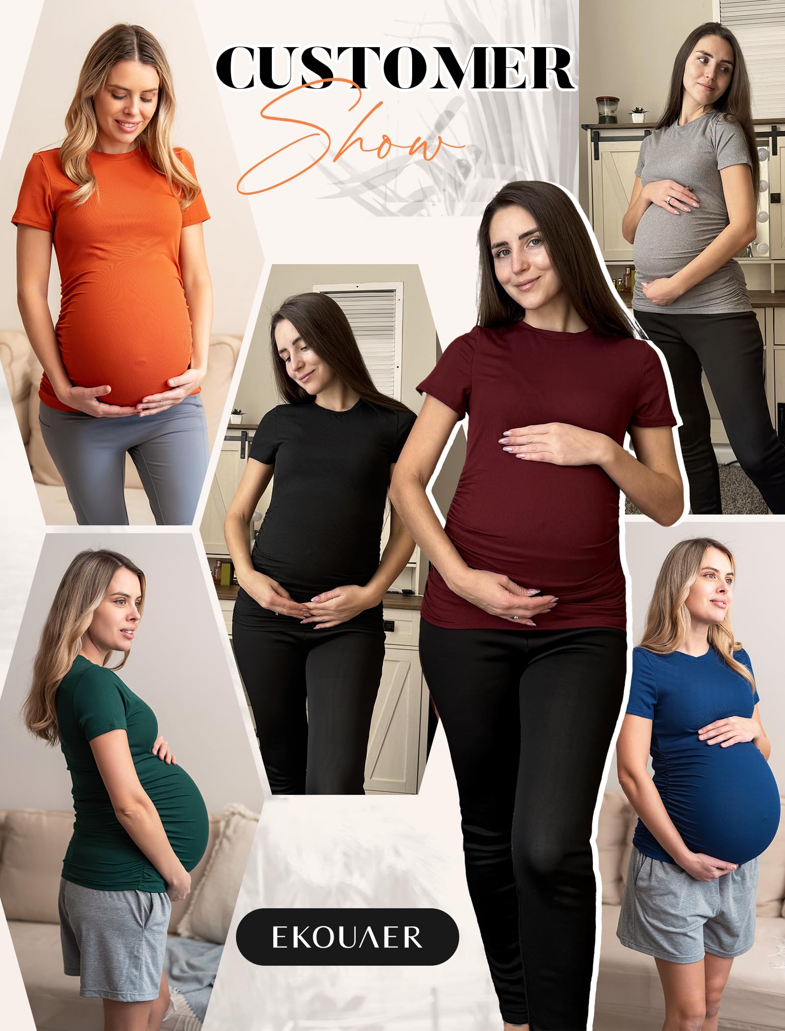Ekouaer Women's Maternity Shirts 3 Pack - Soft Ribbed Short Sleeve Pregnancy Tops with Side Ruched Detail & Crew Neck Tunic for Expecting Moms - Perfect for Casual Wear, Nursing, and Everyday Comfort