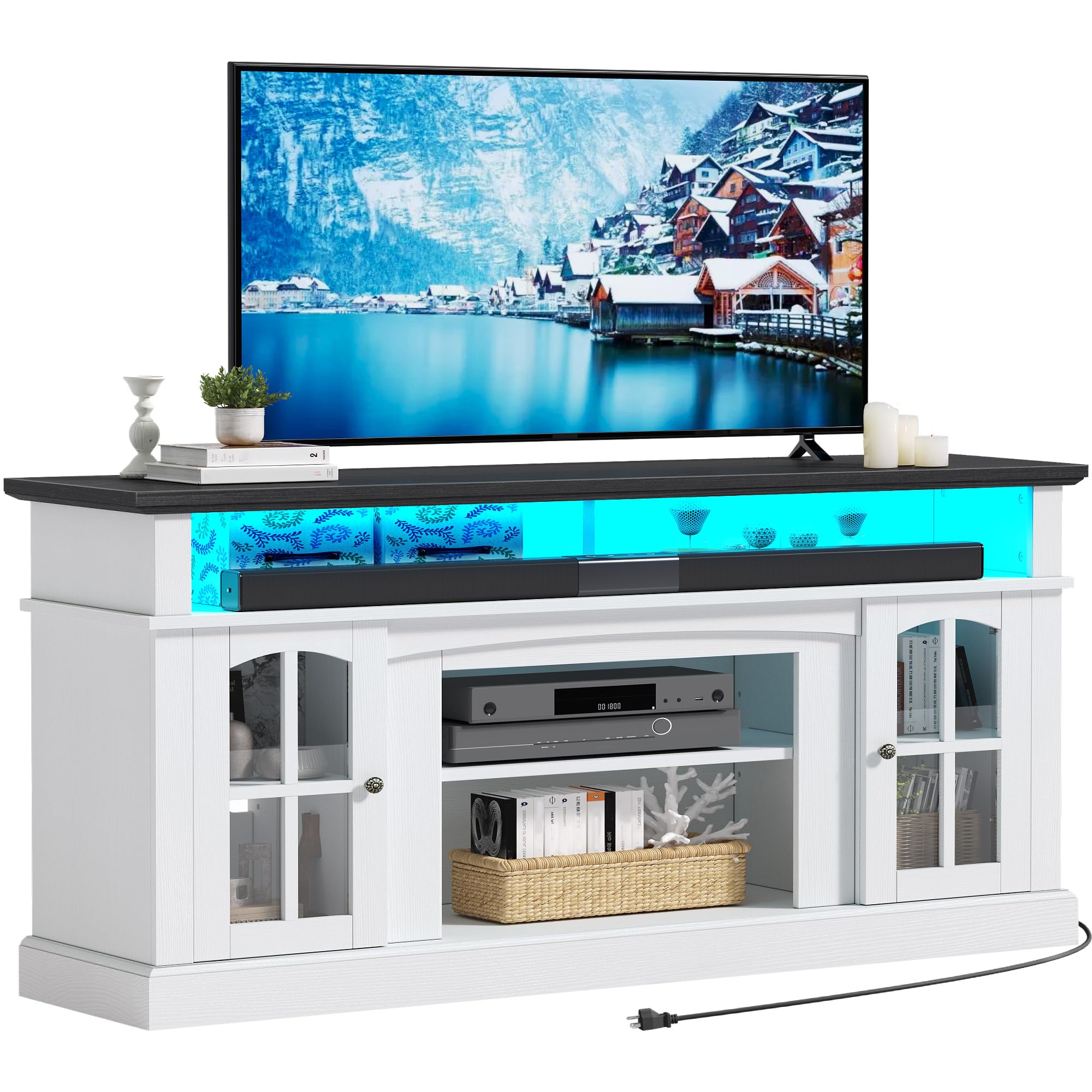YITAHOME 65 Inch Modern LED TV Stand with Built-in Outlets, Farmhouse Style Entertainment Center with Glass Doors & Adjustable Shelves - Media Console Cabinet for Living Room (White/Black) | Perfect for Home Theater Setup & Living Room Organization