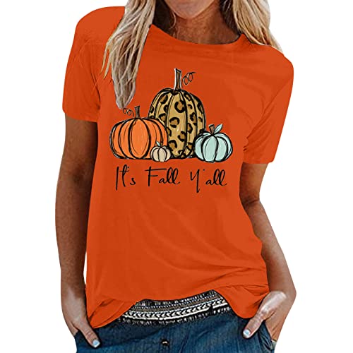 Women's Casual Fall Printed Short Sleeve Blouse - Round Neck Loose Fit Tunic Tee for Running & Everyday Wear (Orange, Size L) | Comfortable Workout & Lounge Wear for Women