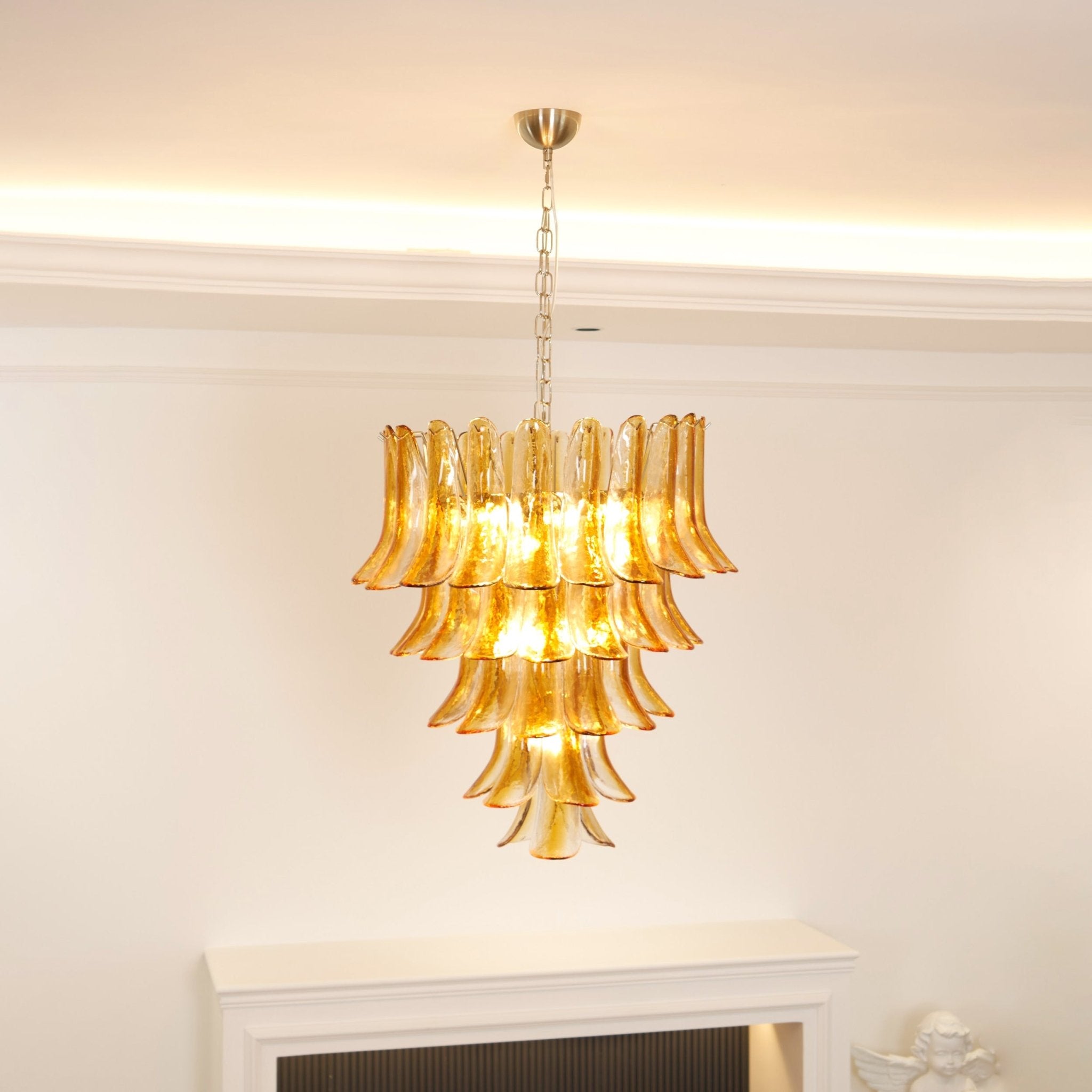 Murano Amber Lily Chandelier - Handcrafted Italian Glass Ceiling Light Fixture for Dining Room, Living Room & Bedroom Decor