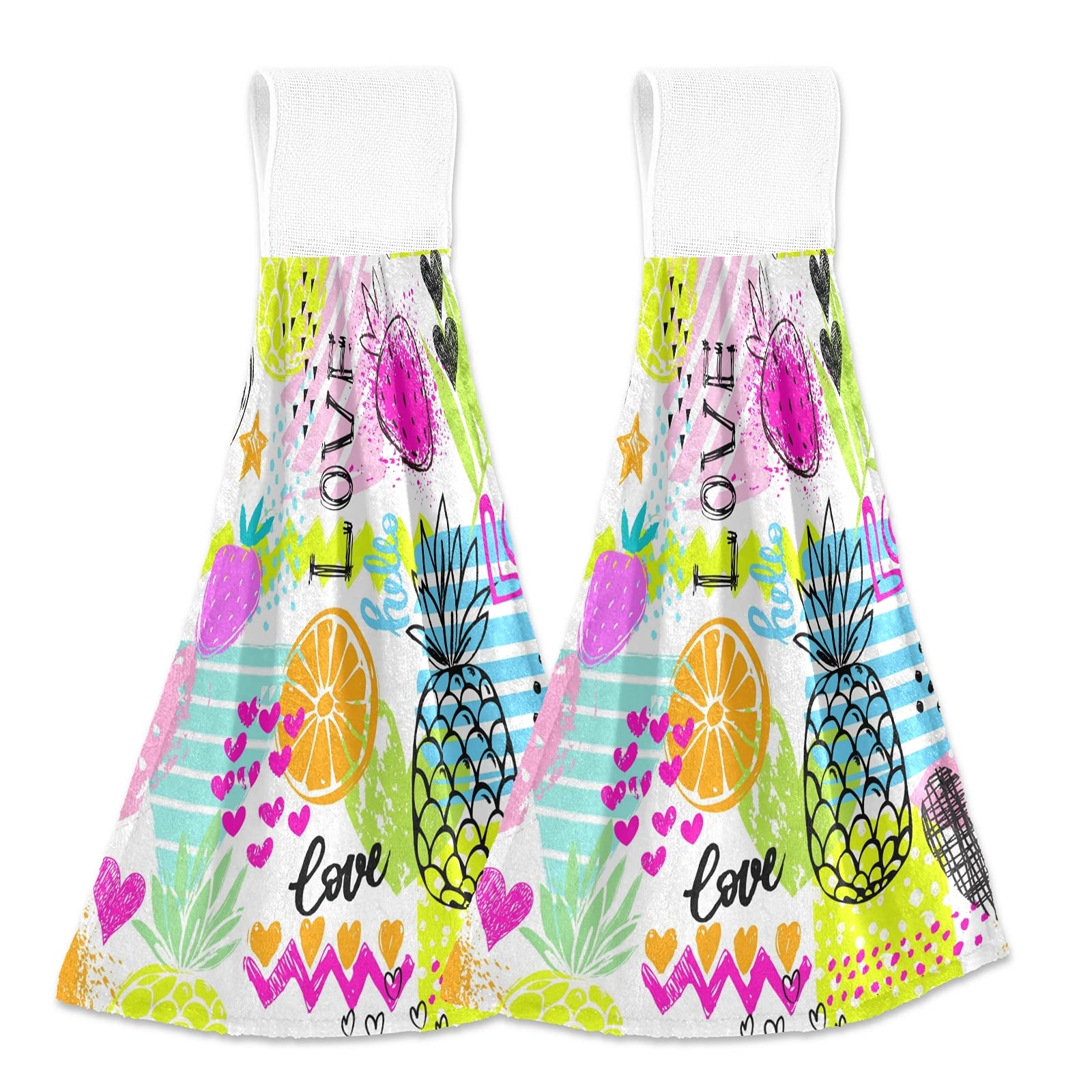 Boccsty Summer Pineapple Hanging Kitchen Towels 2 Pack - Strawberry Pink Heart Fruit Design, Hand & Bath Towels for Farmhouse, Tea Bar, Tabletop Decor - Perfect for Kitchen, Bathroom & Home Decoration