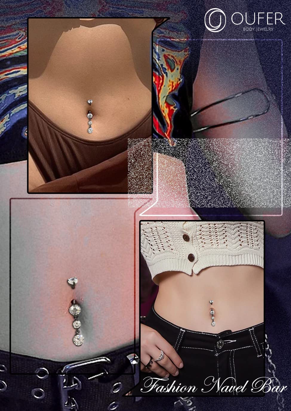 OUFER Titanium Belly Button Rings - 14G Internally Threaded Dangling Navel Piercing Jewelry with Clear CZ for Women & Men | Perfect for Everyday Wear, Parties and Body Piercing Fashion