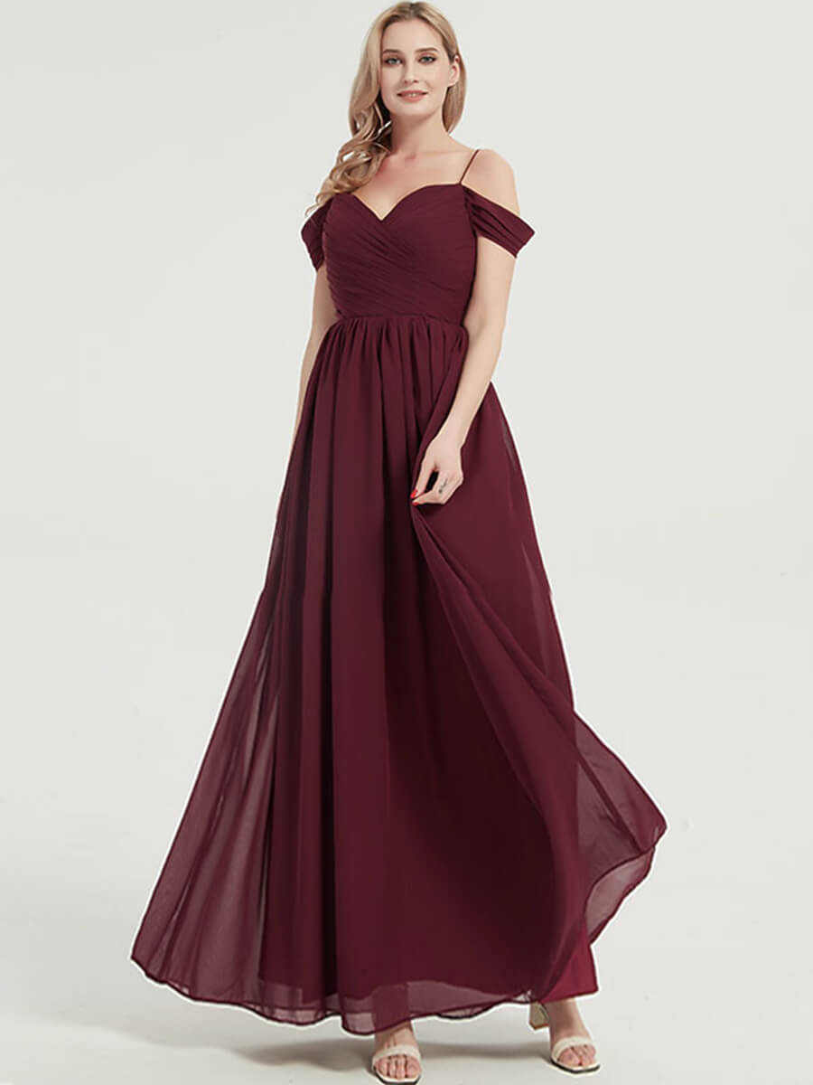 Elegant Burgundy Cold Shoulder Spaghetti Strap Pleated Chiffon Bridesmaid Dress for Weddings, Parties & Formal Events - Plus Size Options Available