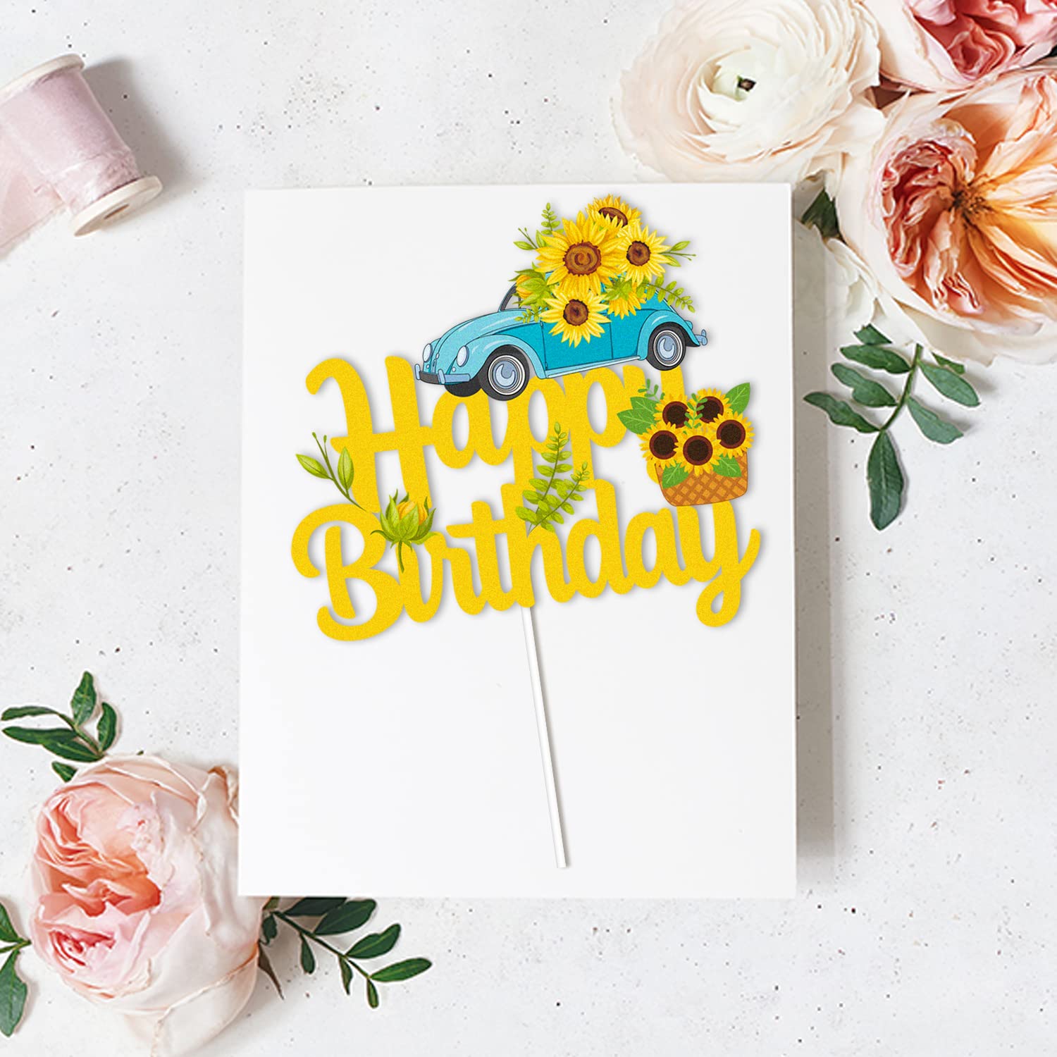 Sunflower Happy Birthday Cake Topper - Spring Bee Decor for Birthday & Wedding Parties | Perfect for Spring Celebrations, Baby Showers & Garden-Themed Events