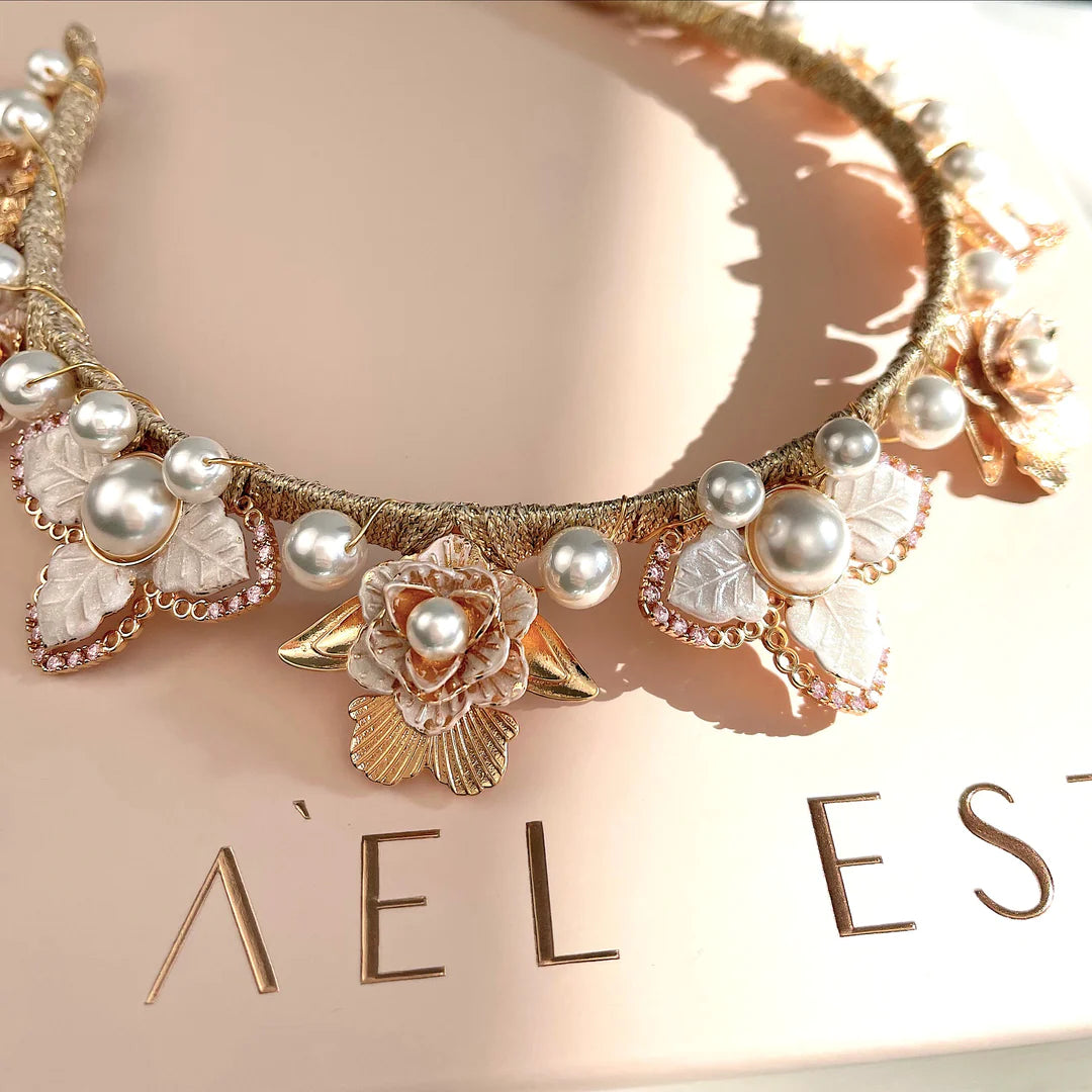 Sophia Bridal Pearl & Crystal Headpiece - Gold Tiara for Wedding, Prom & Special Occasions | A'el Este Bridal Accessories