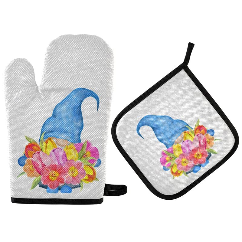 Mother's Day Tulips Gnome Oven Mitts & Pot Holders Set - 2PCS Heat Resistant Kitchen Gloves with Soft Cotton Lining - Non-Slip Baking, Cooking & BBQ Accessories for Spring Summer Floral Decor