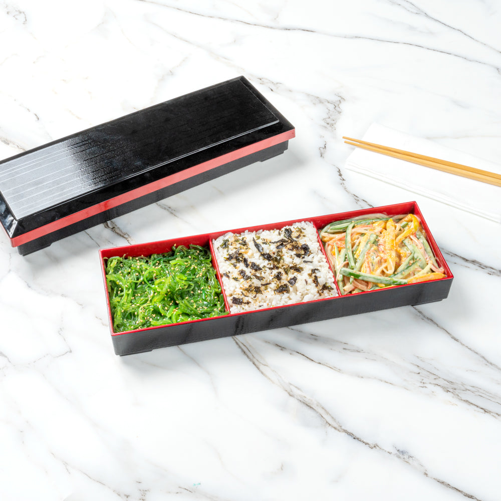 Black & Red Japanese Style Bento Box - 3 Compartment Lunch Tray (14