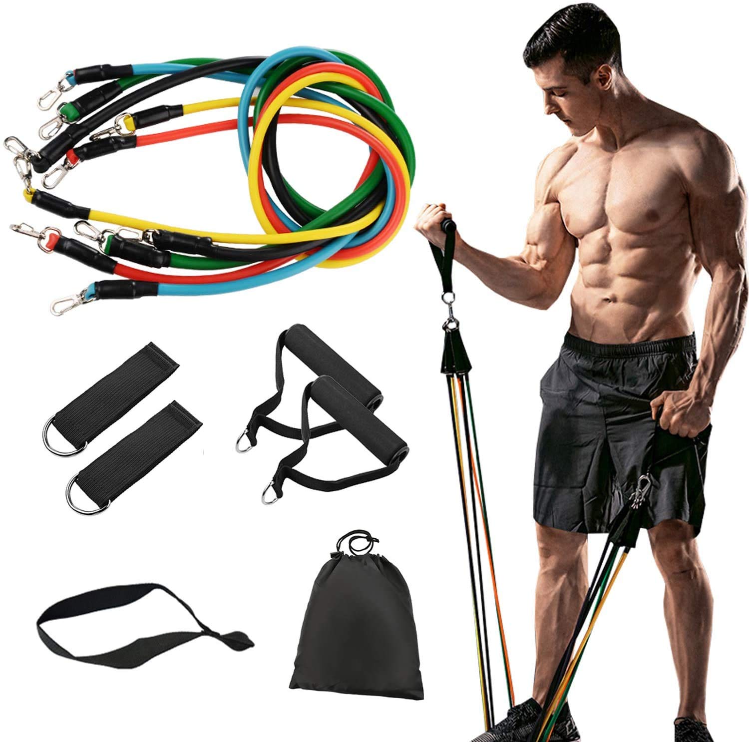 Youlebao 11-Piece Resistance Bands Set with 5 Stackable Exercise Bands, Door Anchor, 2 Foam Handles, 2 Metal Foot Rings & Carrying Case - Perfect for Home Workouts, Physical Therapy, Gym Training, Yoga, and Full-Body Strength Exercises