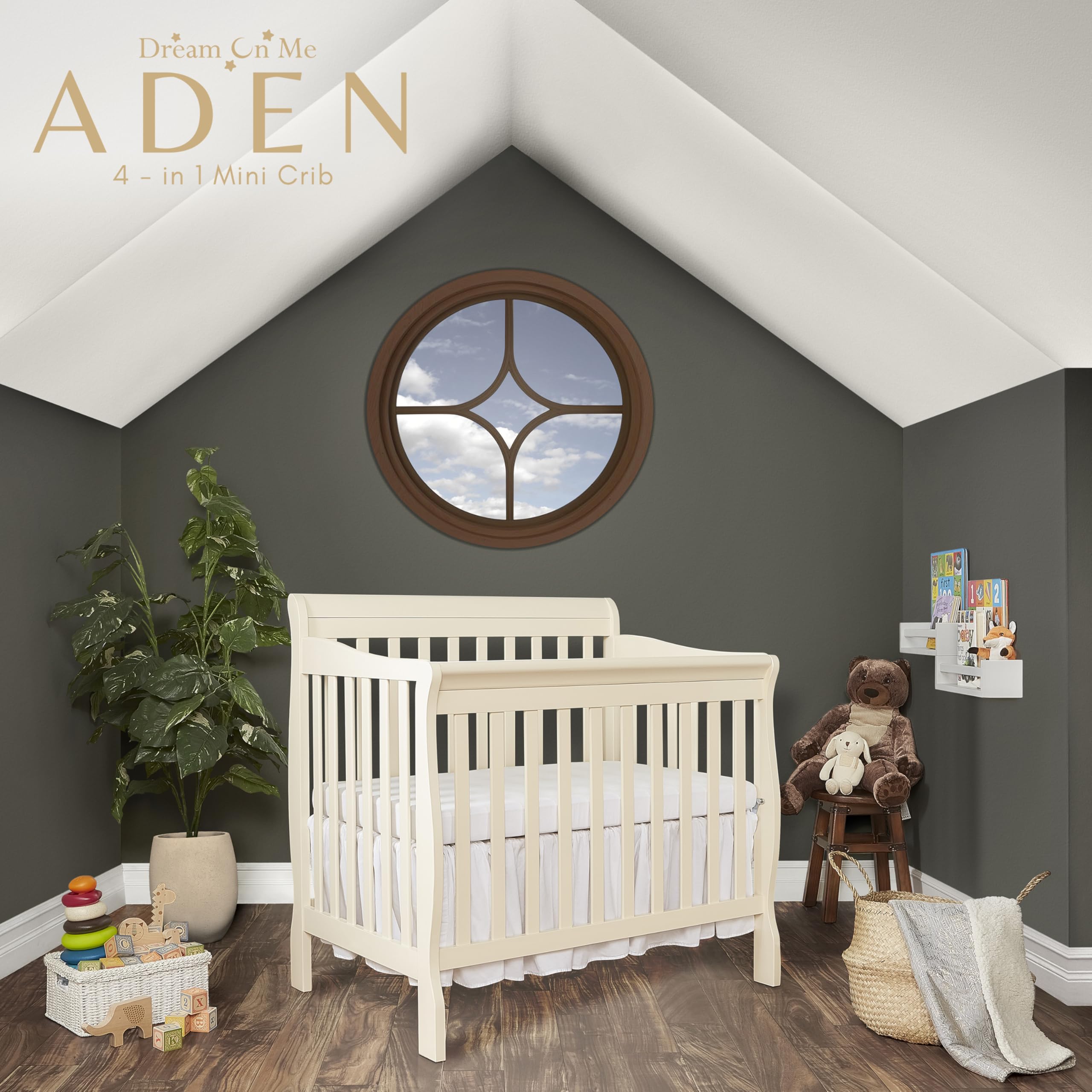 Dream On Me Aden 4-in-1 Convertible Mini Crib - French White | Greenguard Gold Certified | Non-Toxic New Zealand Pinewood | 3 Adjustable Mattress Heights | Perfect for Nursery, Small Spaces & Travel