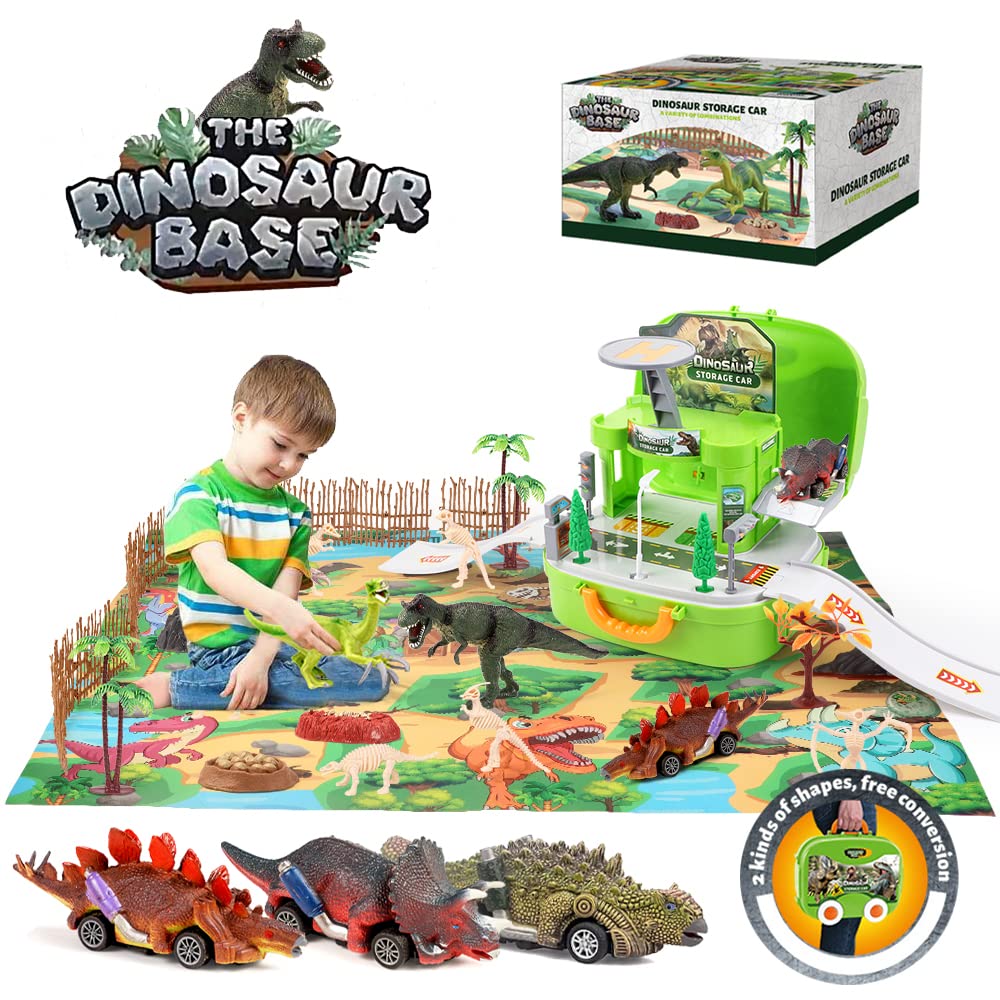 Dinosaur Toys for Kids - 3 Pack Pull Back Cars with T-Rex & Sickle Dragon, Play Mat Rug & Storage Box | STEM Learning Toys for Boys Girls Ages 3-9 | Perfect for Birthday Gifts, Preschool Playtime & Dinosaur Themed Parties
