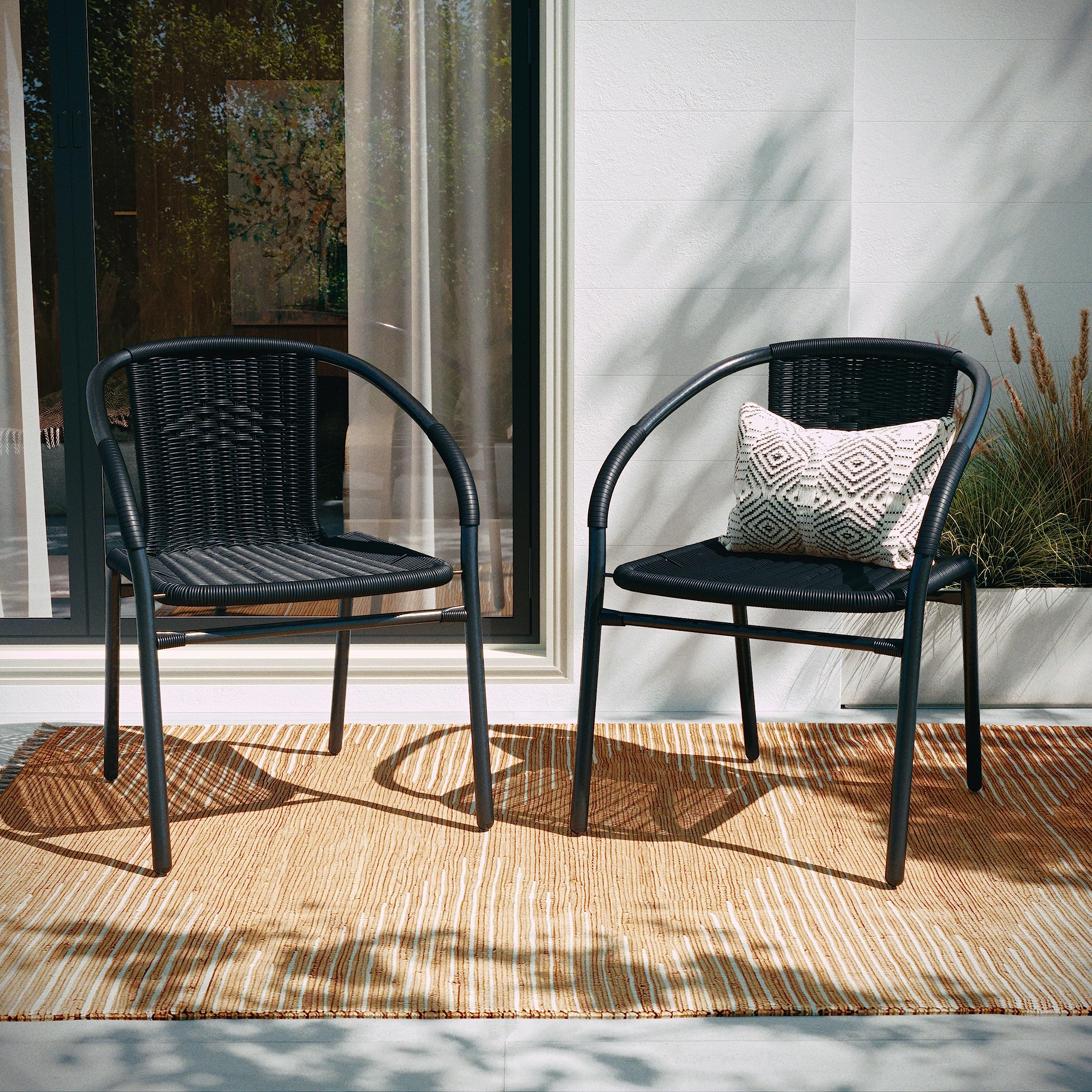 Flash Furniture Lila Modern Rattan Stackable Dining Chairs - Indoor/Outdoor Use - Set of 4 Black Bistro Chairs for Patio, Restaurant, Cafe or Garden Dining - Weather-Resistant & Space-Saving Design