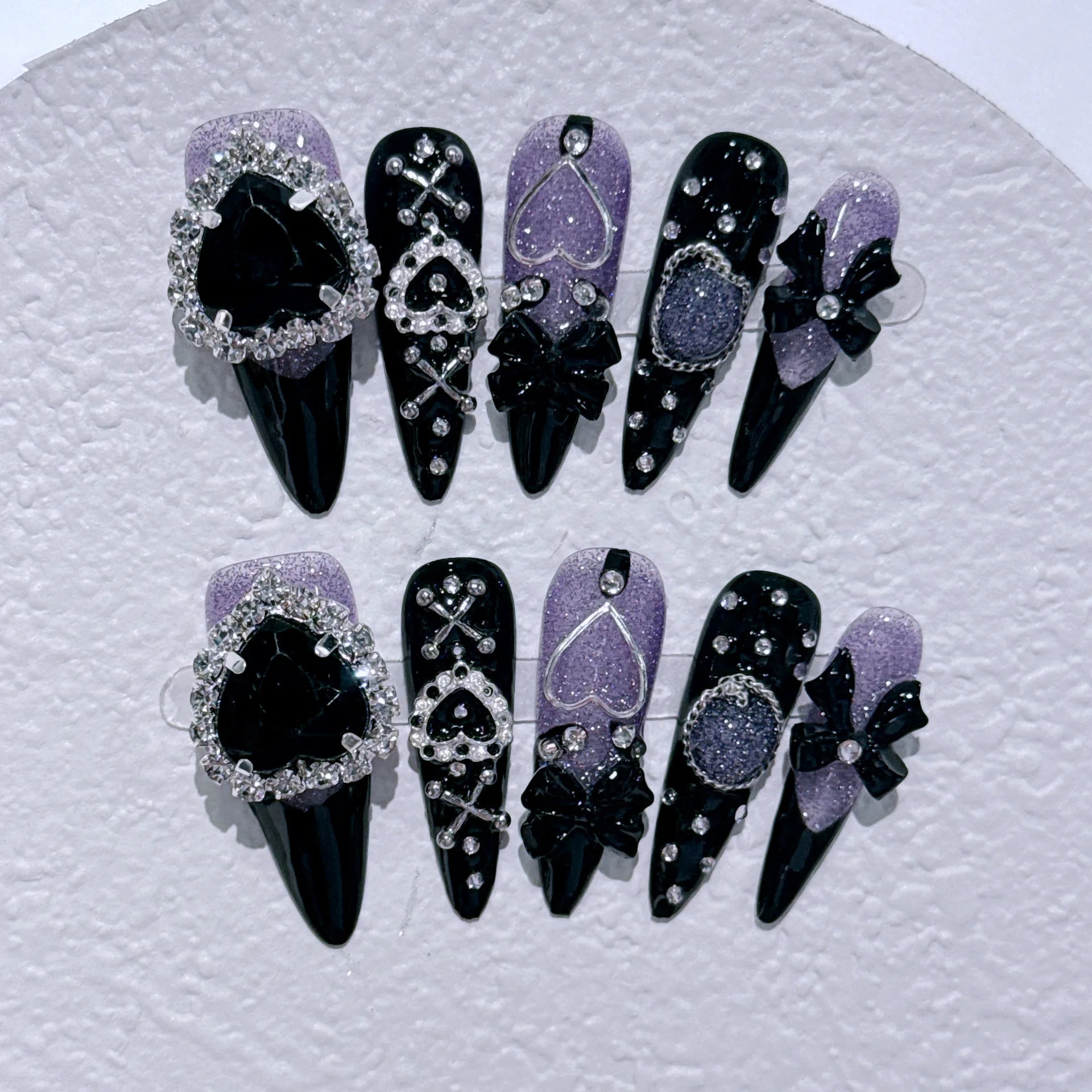 10Pcs Rhinestone Cat Eye Press on False Nails - Glitter French Fake Nails with Tools, Handmade Almond Full Cover Nail Art - Perfect for Parties, Weddings, and Special Occasions