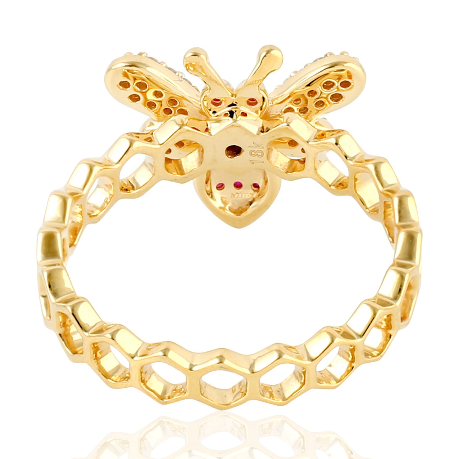 18K Yellow Gold Ruby and Diamond Honey Bee Ring - Elegant Prong Set Pave Band for Women, Perfect for Valentine's Day Gifts, Anniversary Jewelry, and Everyday Wear