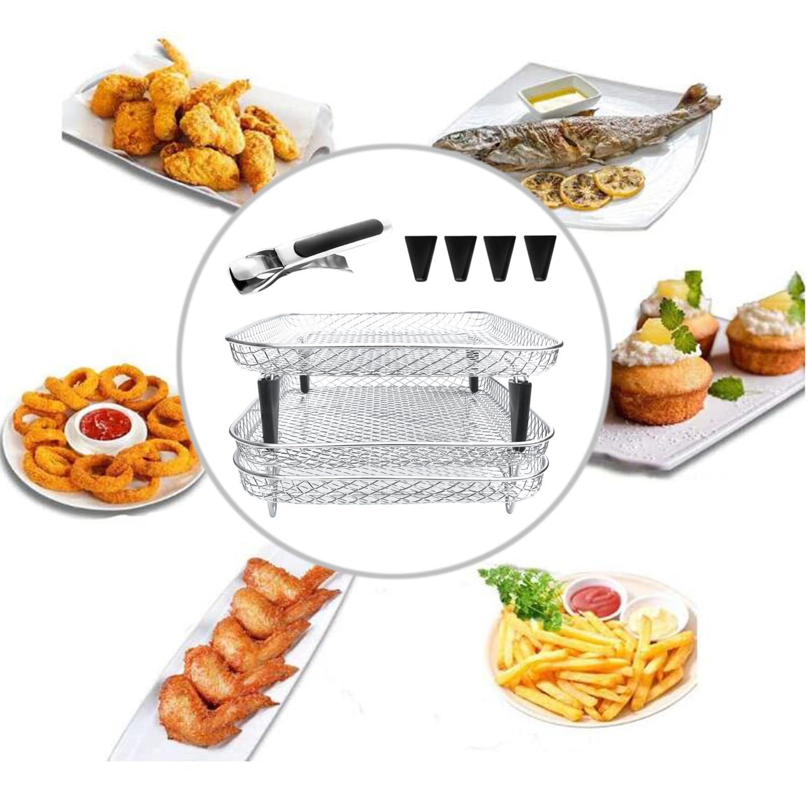 7.8 Inch Square Air Fryer Rack - 3 Stackable Dehydrator Trays - Compatible with Square Air Fryers (Inner Size >8 Inch) - Perfect for Baking, Roasting & Drying Food
