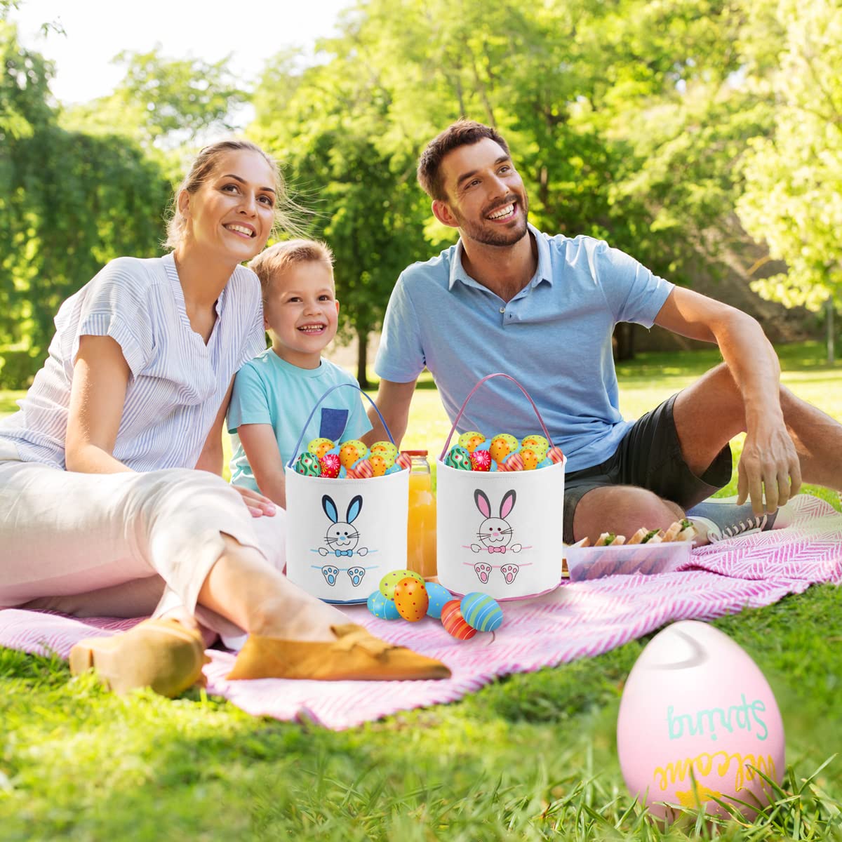 2 Pack Personalized Easter Bunny Basket Bags for Kids - Cotton Canvas Easter Egg Hunt Bags with Cute Rabbit Print - Perfect for Easter Eggs, Candy & Gifts (Blue, Pink) - Great for Easter Parties, Egg Hunts & Spring Celebrations