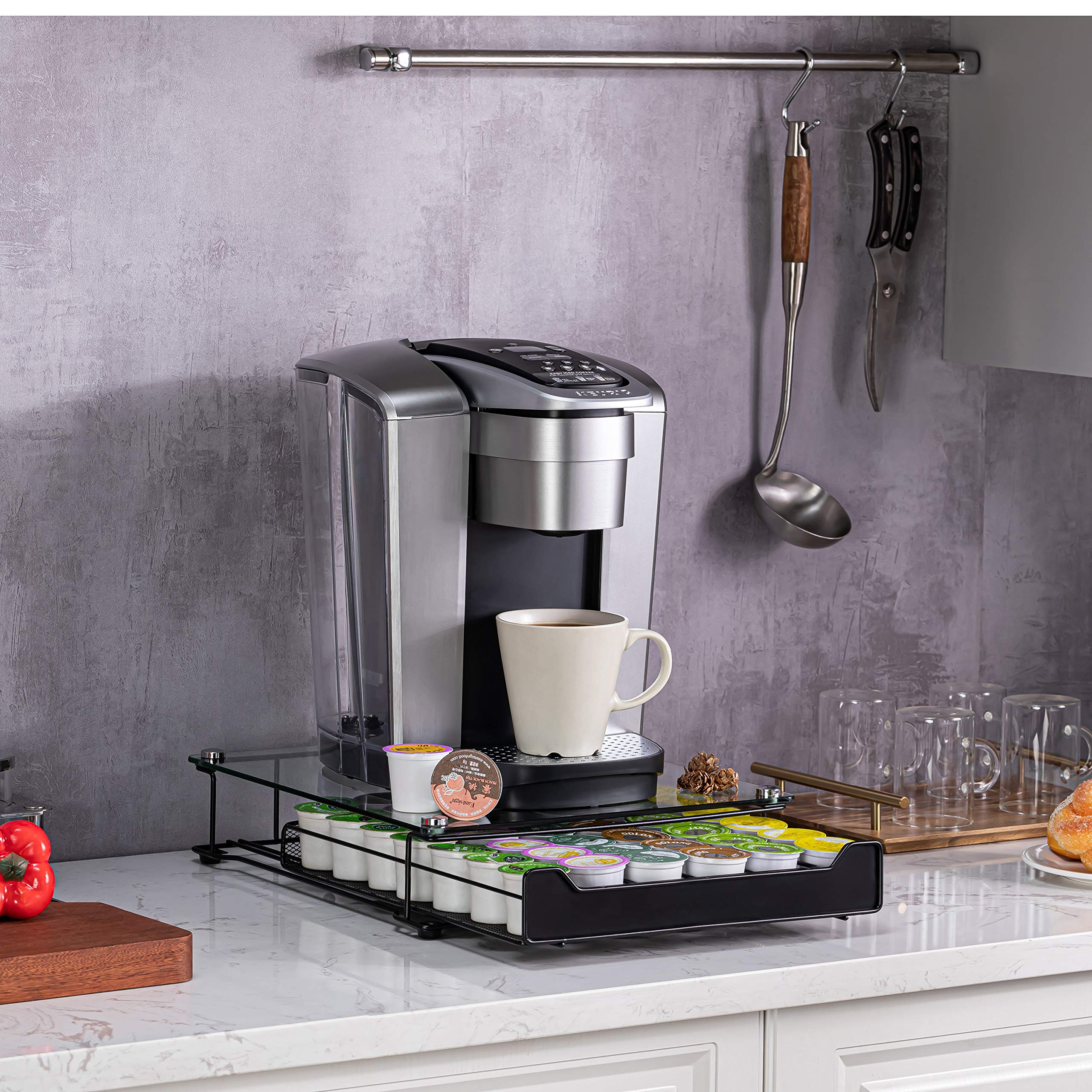 Premium Glass Top K-Cup Storage Organizer - Holds 42 Coffee Pods | Compact Coffee Capsule Drawer for Keurig Machines | Perfect for Kitchen Countertops & Office Coffee Stations