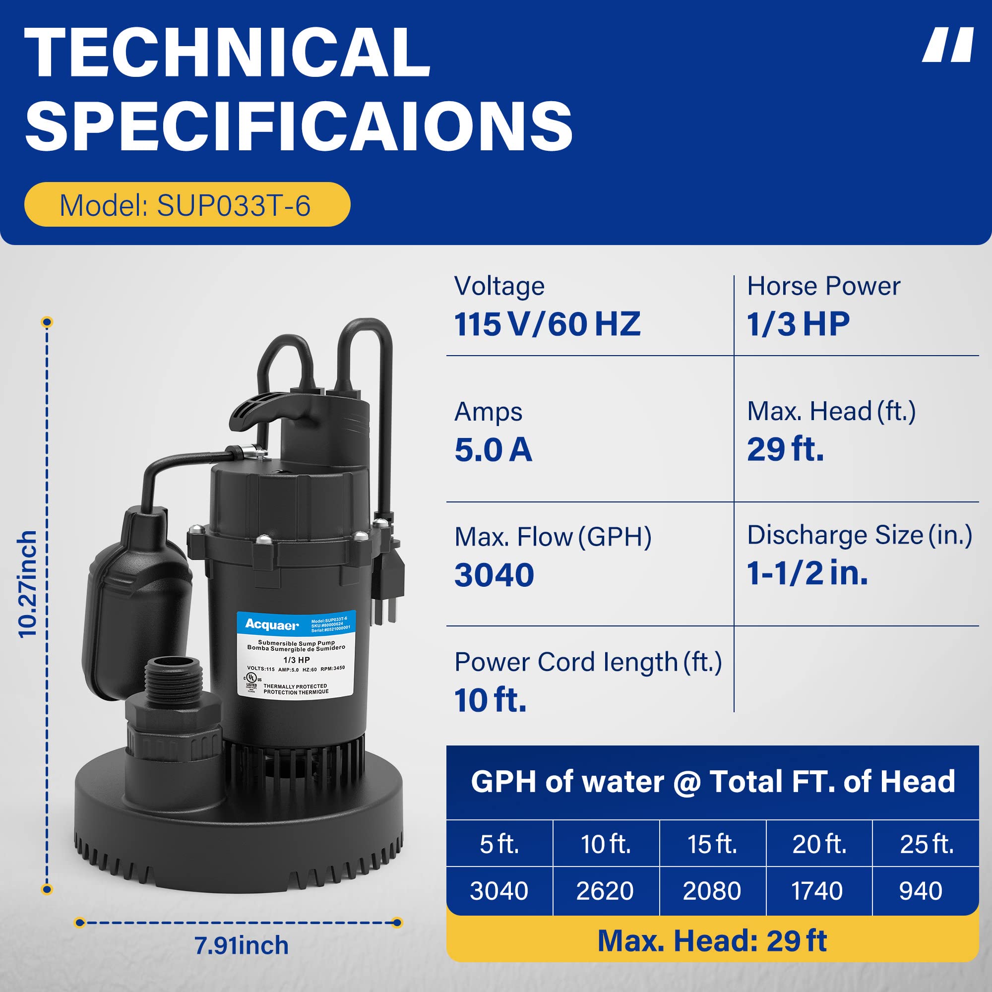 Acquaer 1/3 HP Submersible Sump Pump - 3040 GPH Clean/Dirty Water Pump with Automatic Float Switch & 10ft Power Cord - Ideal for Basement, Pool, Pond, Drain, Flooded Cellar, Aquarium, Irrigation & Emergency Water Removal