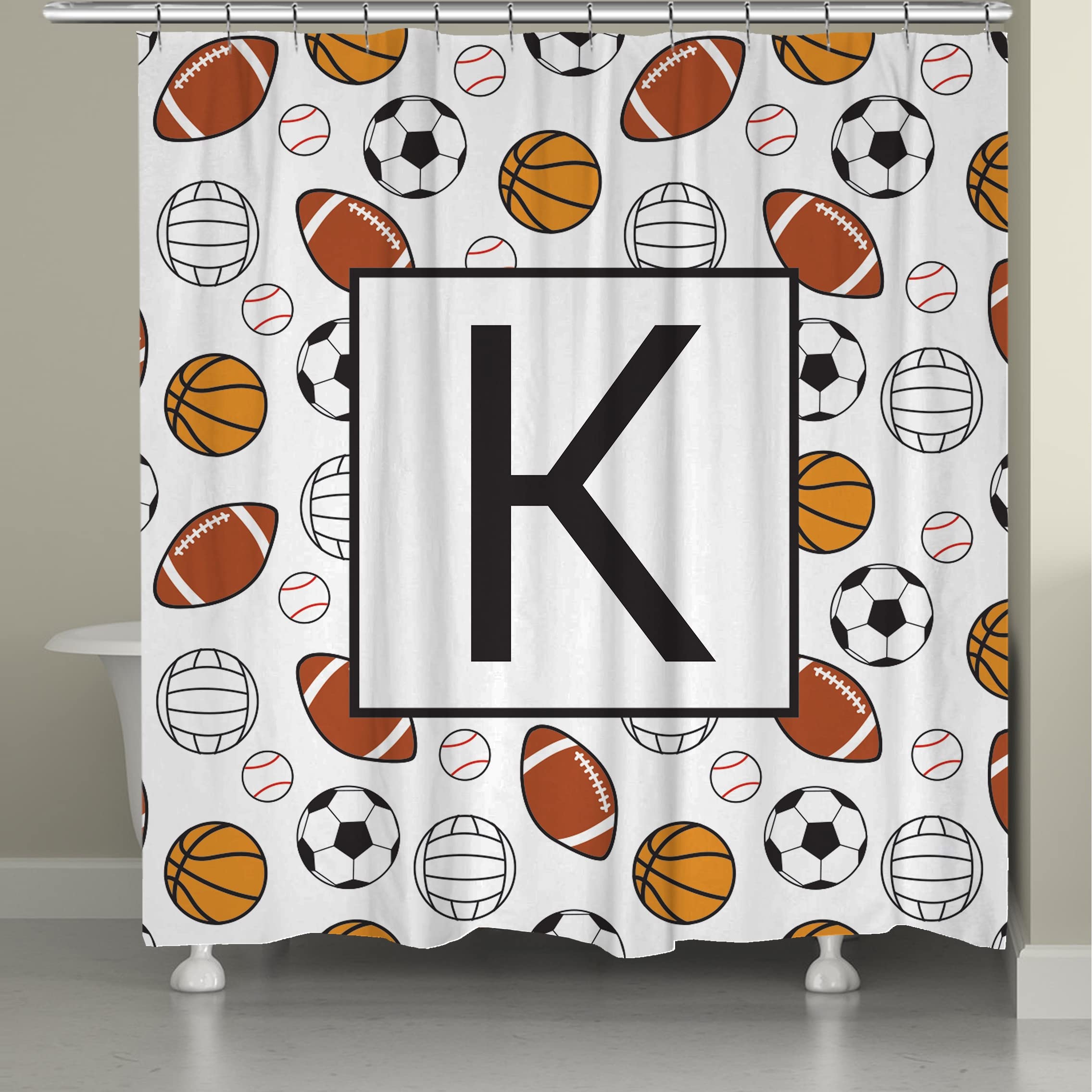 Laural Home Sports Monogram Shower Curtain - Waterproof Polyester Fabric Bathroom Decor for Boys, Girls, Teens - Perfect for Dorm, Bathroom, and Kids Room Decoration