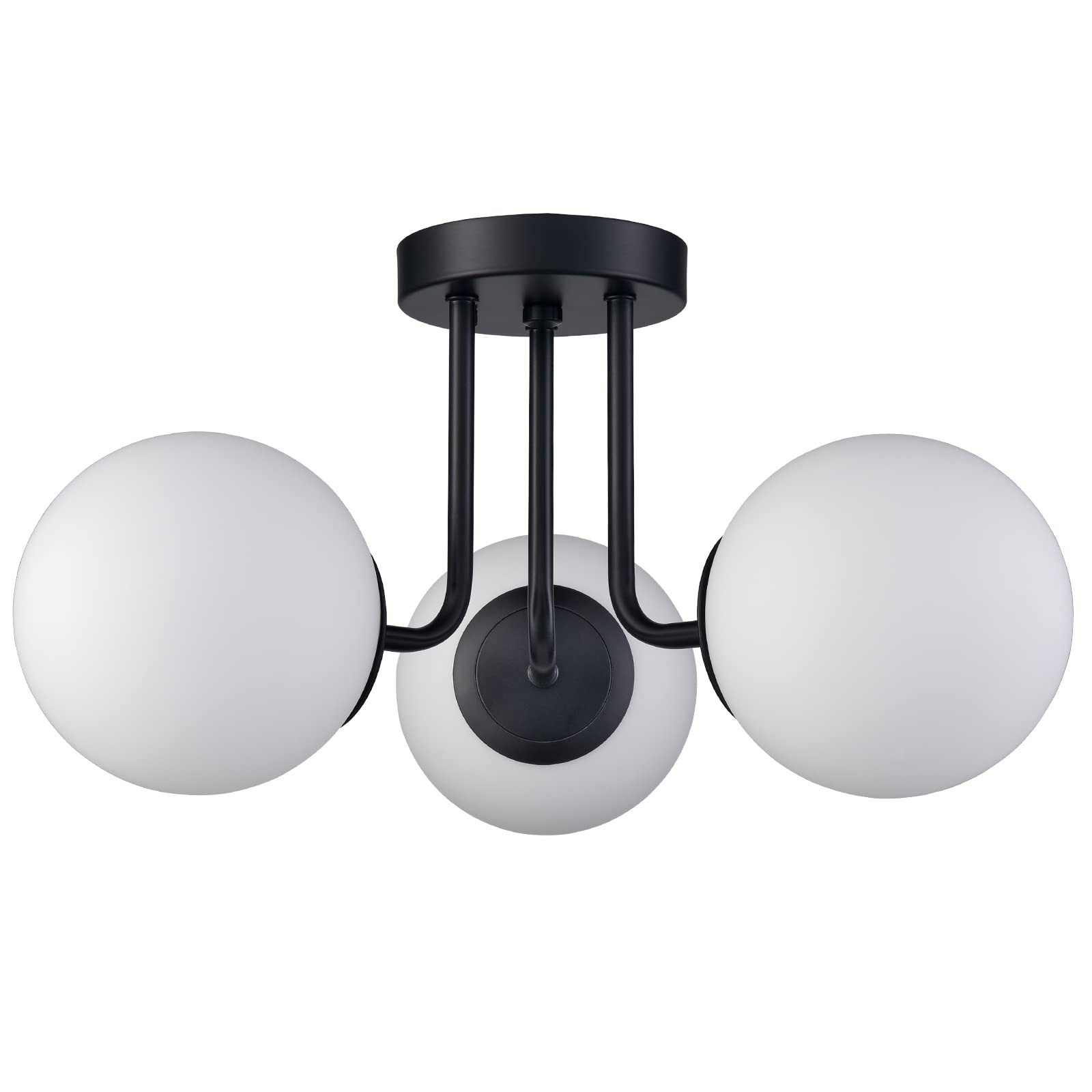 3-Light Modern Black Metal Semi Flush Mount Ceiling Light Fixture with White Globe Glass Shade - Hallway, Living Room, Bedroom Lighting - Sputnik Chandelier Style for Home & Office Decor