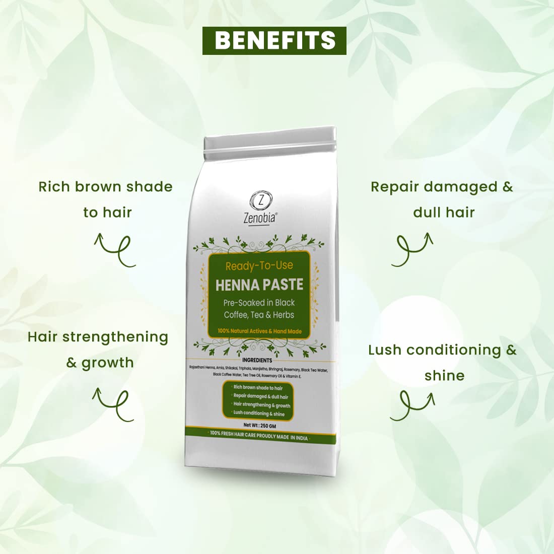 Zenobia Natural Herbal Henna Hair Dye Paste - Chemical-Free, Ready-to-Use Mehendi for Rich Brown Color, Repairs Damage & Reduces Hair Fall (Pack of 1) - Perfect for At-Home Hair Coloring & Natural Hair Care