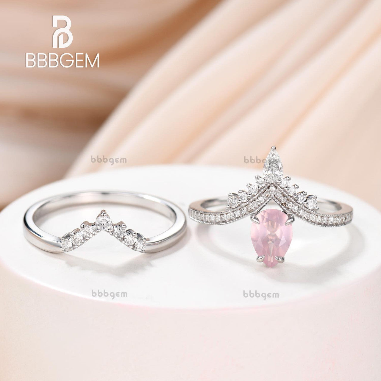 Exquisite 0.8 Carat Pear Cut Rose Quartz Engagement Ring Set with Diamond Band - Perfect for Proposals, Anniversaries & Romantic Gifts