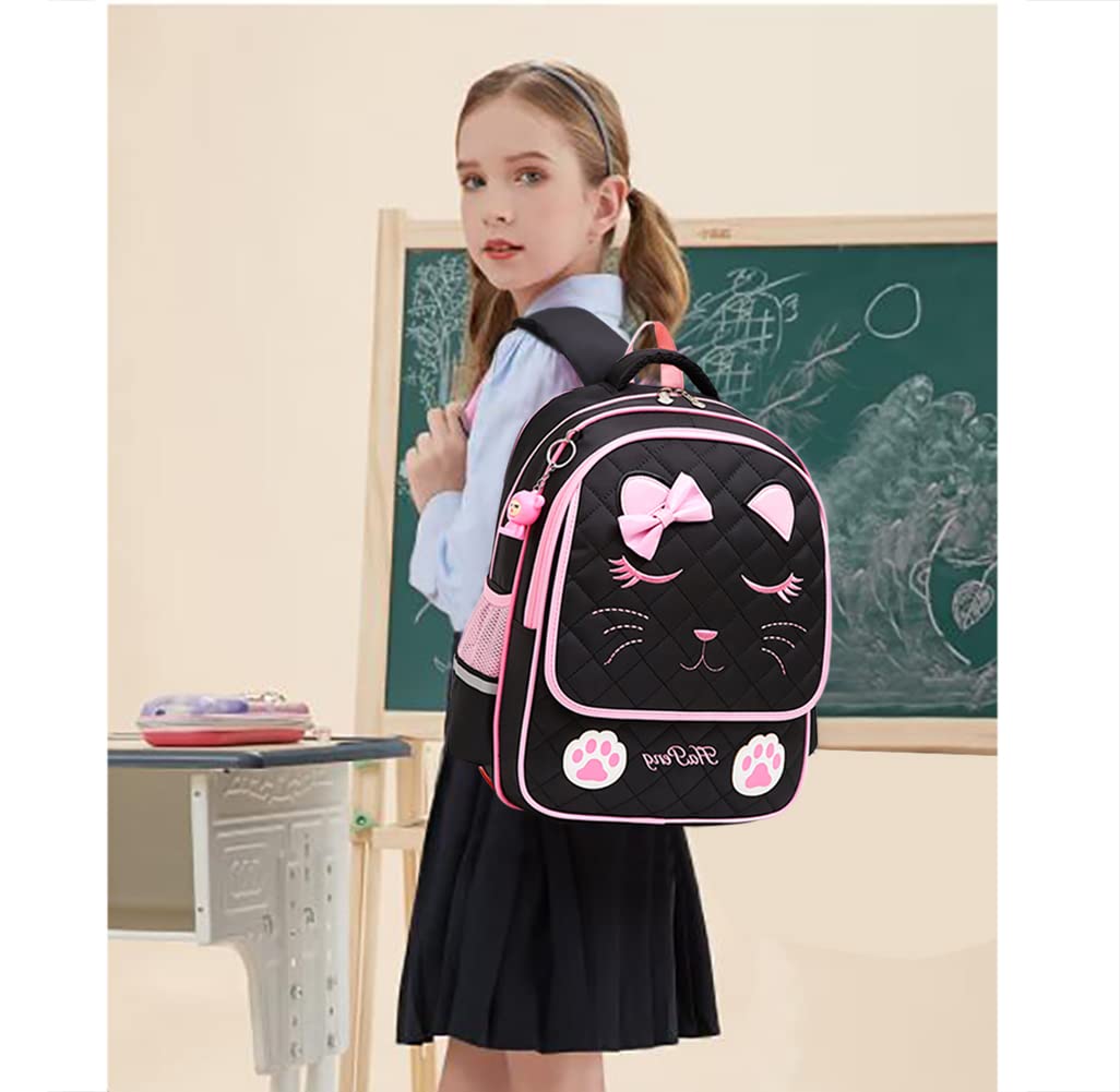 MCWTH Cute Cat Face Backpack for Girls - Stylish Elementary School Bookbag, Durable Daypack for Teens (Black) - Perfect for School, Travel & Daily Use