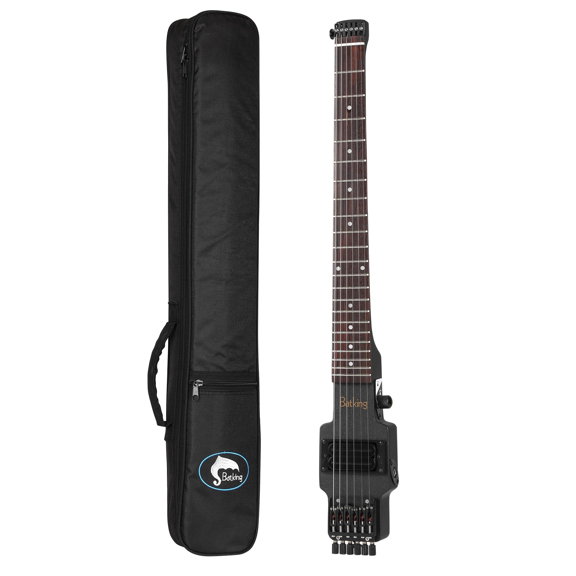 Headless Travel Electric Guitar - 6 String One-Piece Canadian Maple Neck Through Body Design with Brass Fixed Bridge & Gig Bag | Perfect for Buskers, Camping & Portable Music Practice