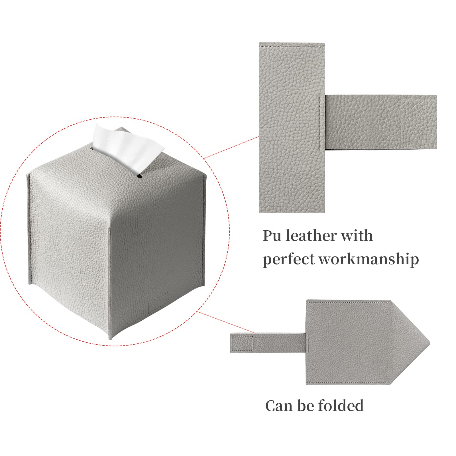 REGELETO 2 Pack Grey PU Leather Tissue Box Cover - Modern Square Tissue Holder with Bottom Belt for Home, Office, Car & Hotel Decor - 5
