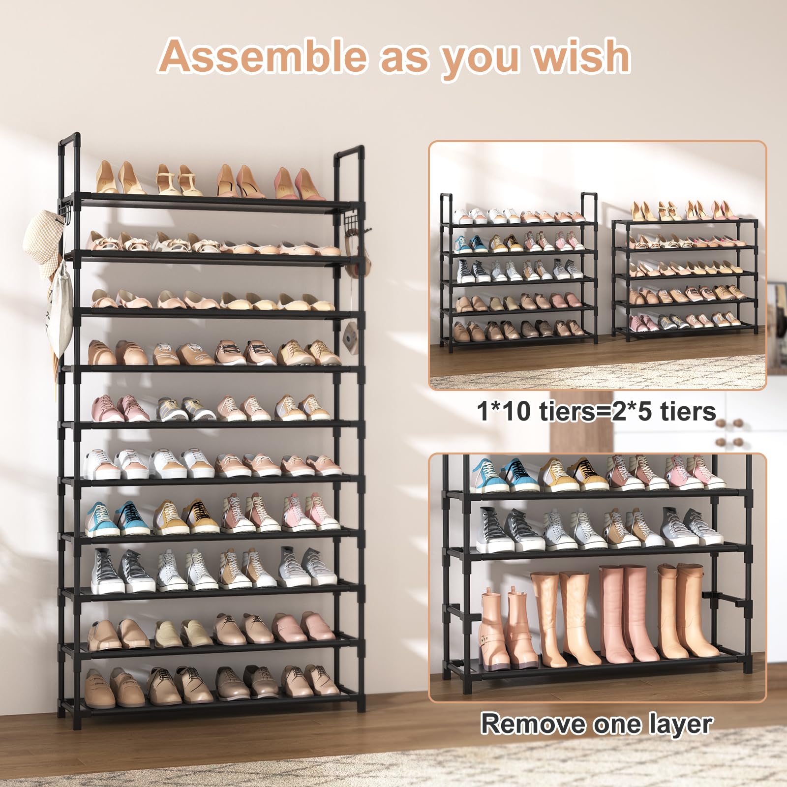 VTRIN 10-Tier Large Capacity Shoe Rack Organizer - Holds 50 Pairs with 2 Hooks - Sturdy Metal Shoe Shelf for Entryway, Closet & Bedroom - Perfect for Home, Apartment & Dorm Organization