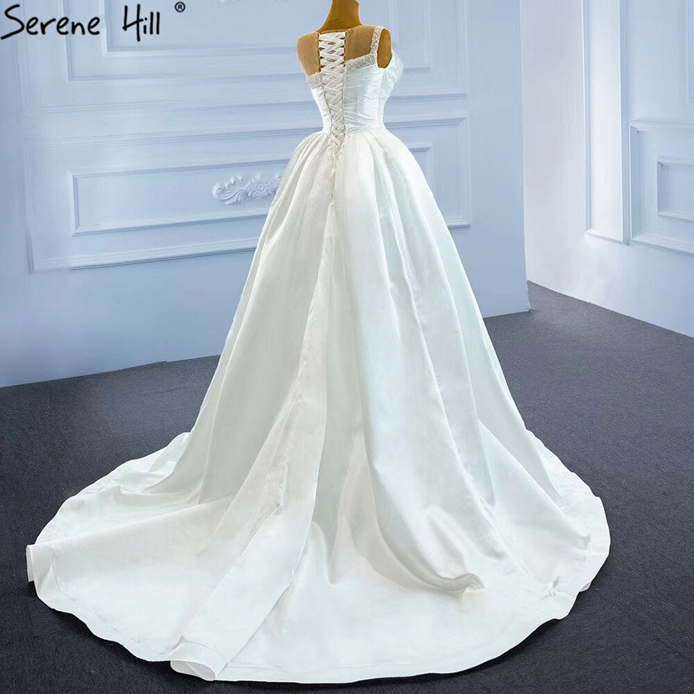 Serene Hill White Satin High Slit Wedding Dress 2025 - Beaded Pearl Sexy Bridal Gown with Train (HM67252) | Custom Made for Beach Weddings & Formal Evening Ceremonies