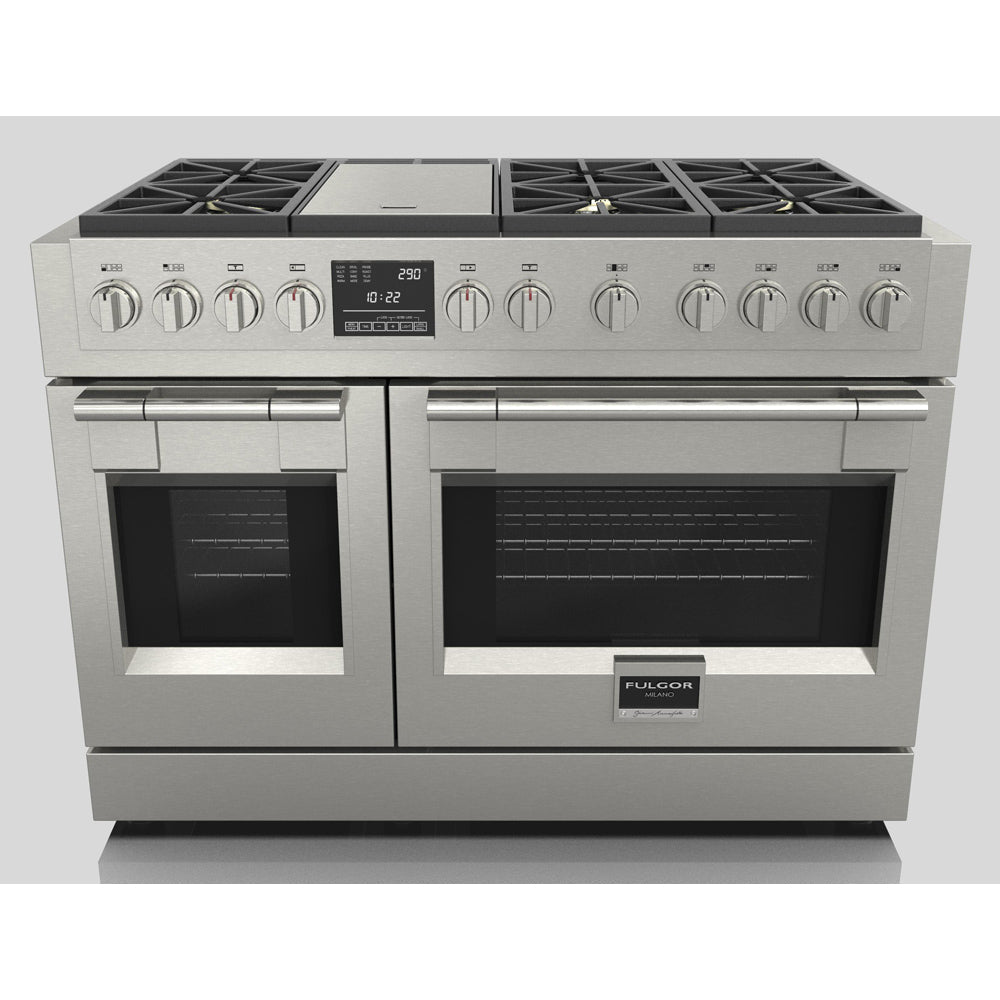 Fulgor Milano 48-inch 600 Series Dual Fuel Range with 6 Burners & Stainless Steel Trilaminate Griddle - Professional Gas Stove & Electric Oven Combo for Home Chefs (Model F6PDF486GS1) | Perfect for Gourmet Cooking, Baking & Entertaining in Modern Kitchens