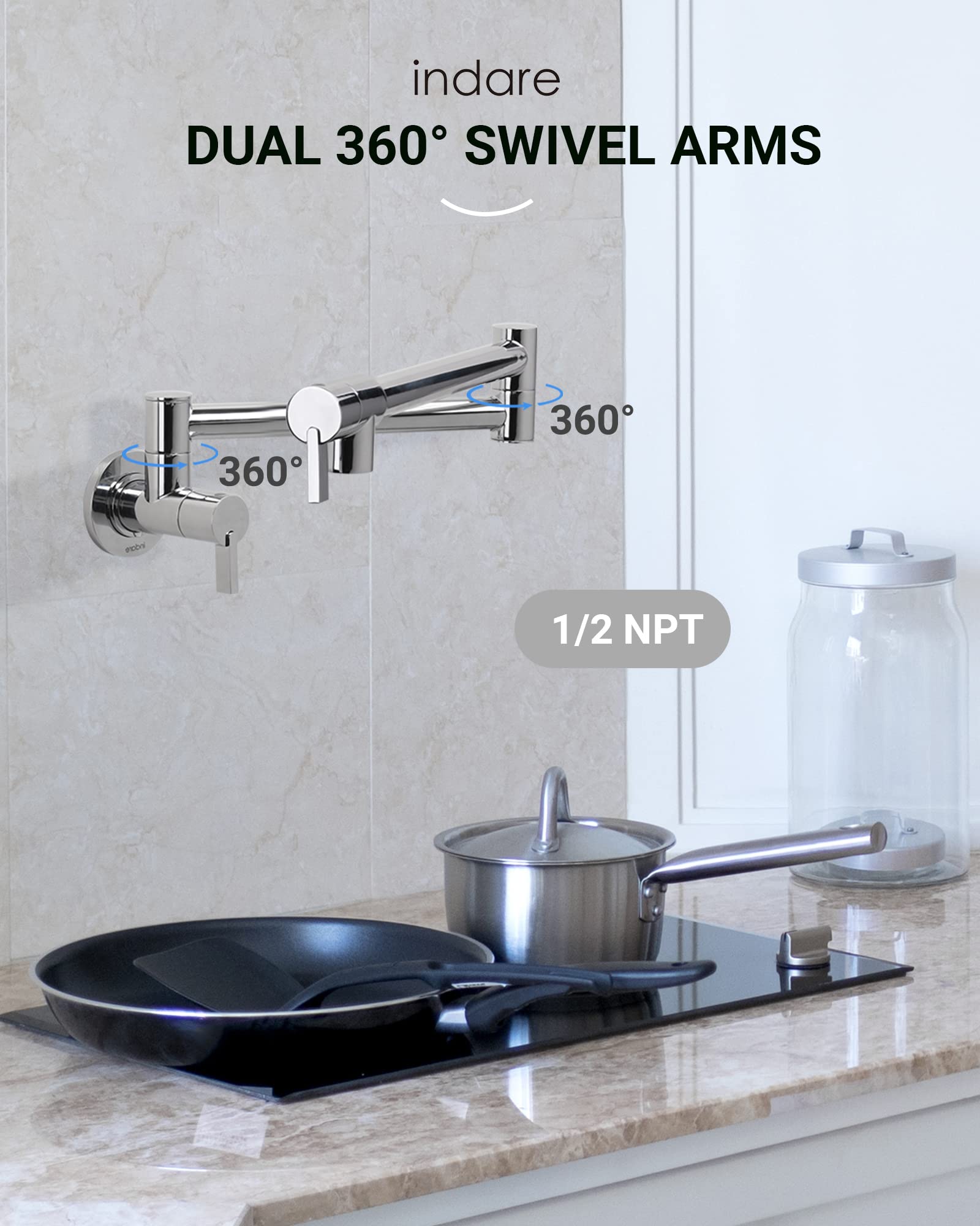 Premium Brass Wall Mount Pot Filler Faucet with Double Joint Swing Arms - Foldable Kitchen Faucet for Easy Stove & Cooking Pot Filling - Ideal for Home Chefs & Modern Kitchens