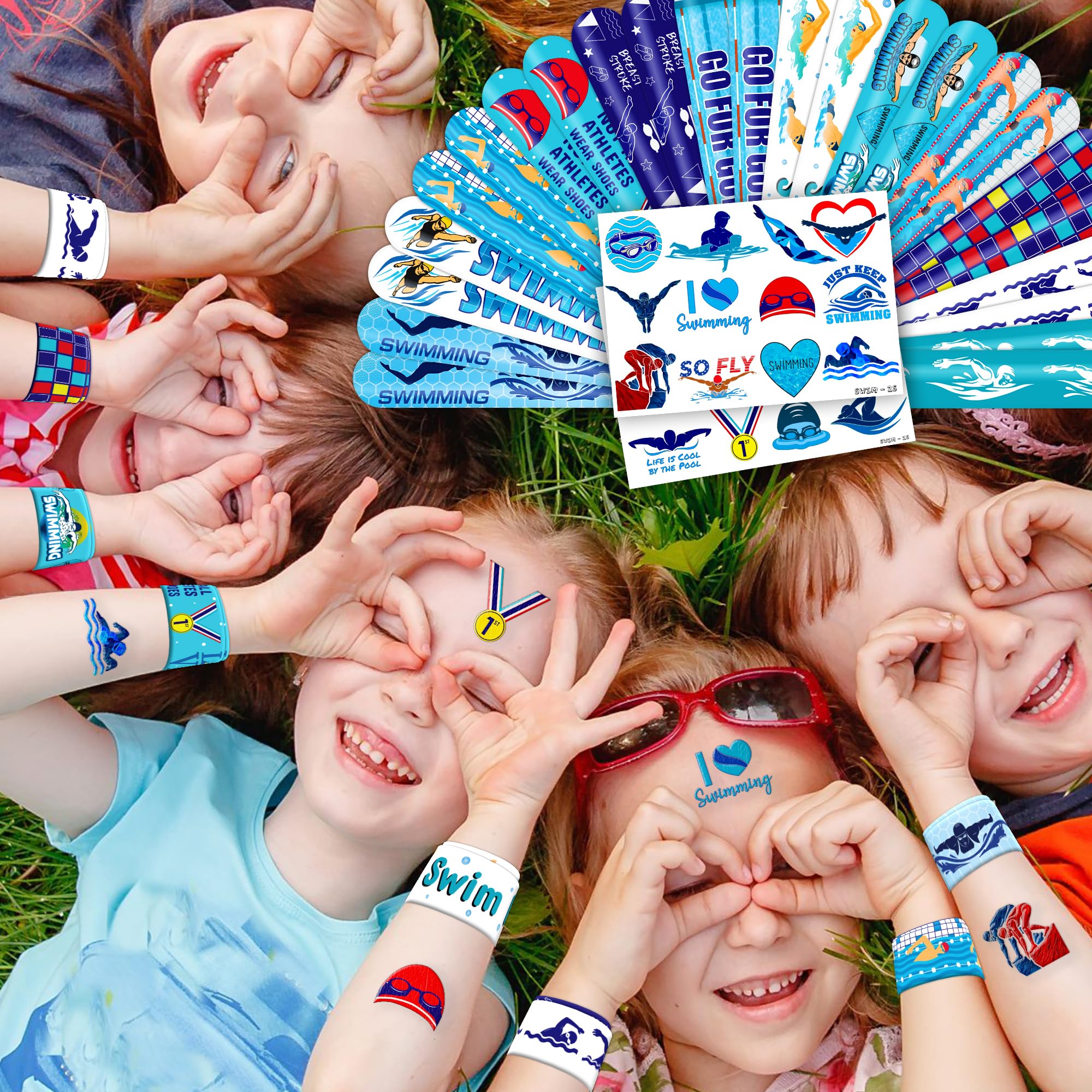48PCS Waterproof Temporary Tattoos & Slap Bracelets Set - Fun Swimming Party Supplies for Kids, Perfect for Pool Parties, Birthday Gifts, Baby Showers & Classroom Rewards (24 Tattoos + 24 Bracelets) - Great Decorations for Boys and Girls