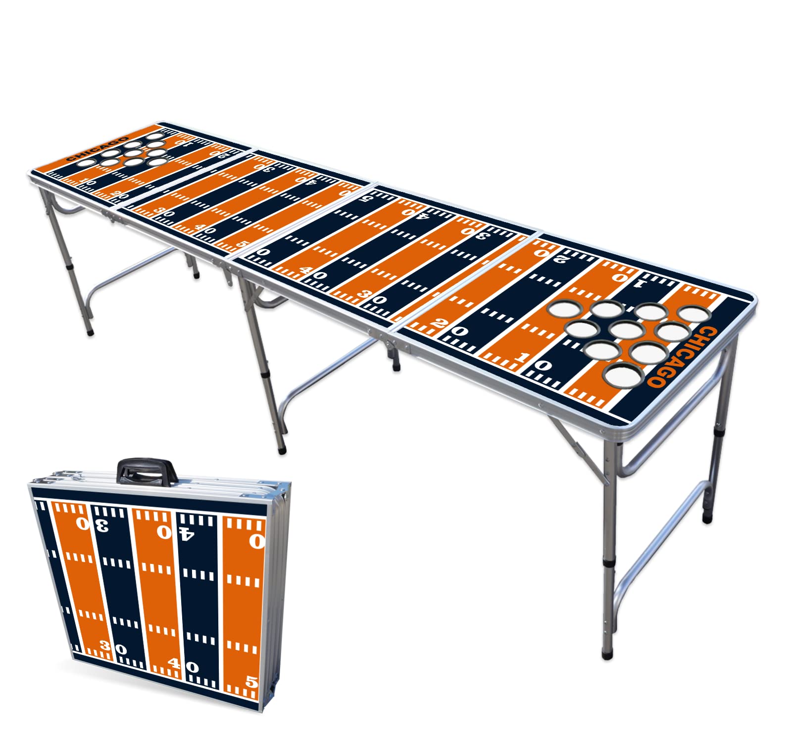 8-Foot Folding Portable Beer Pong Table with LED Lights & Cup Holders - Chicago Bears Football Field Design for Parties, Tailgating & Outdoor Games