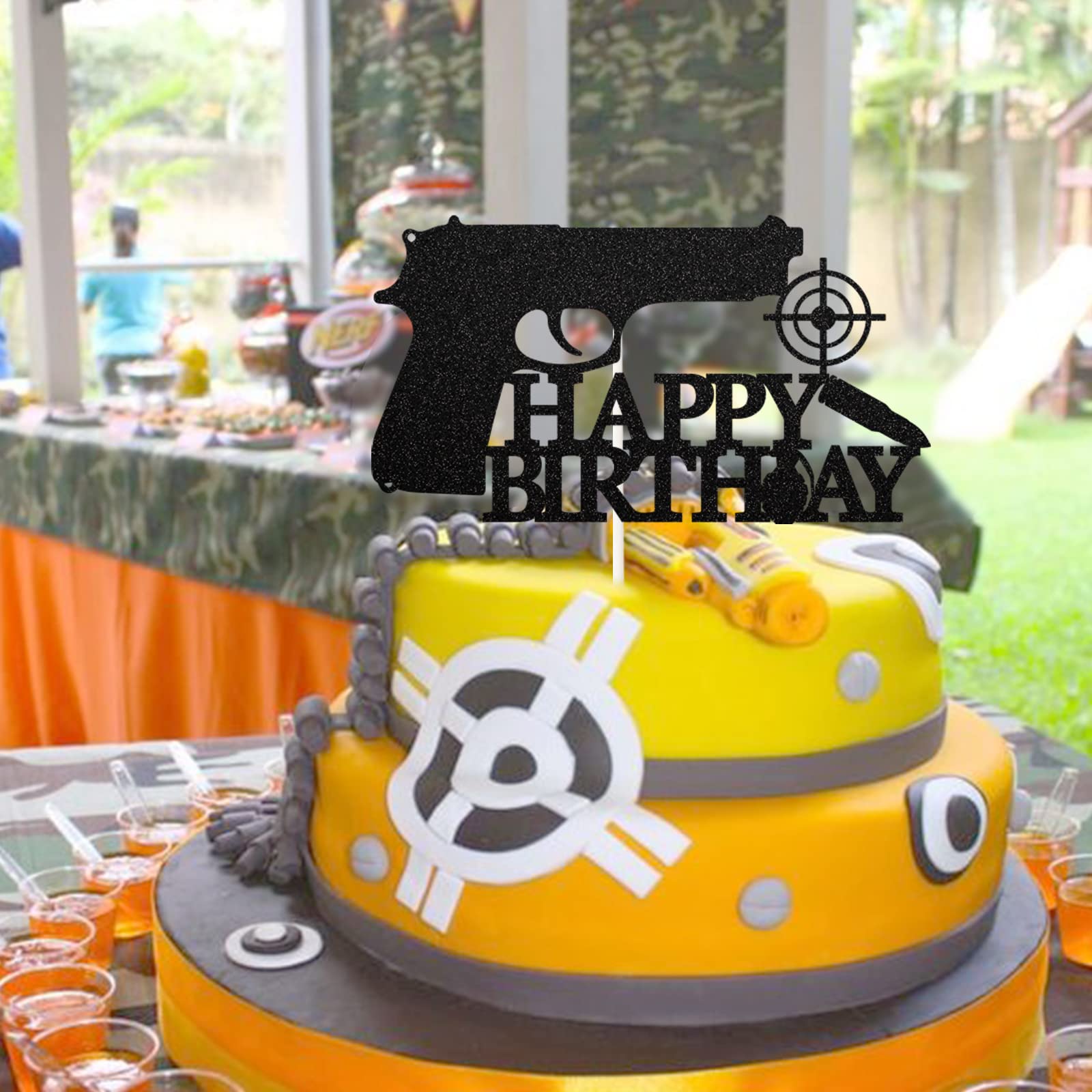 Gun Happy Birthday Cake Topper - Pistol Shaped Cake Decor for Men, Boys & Women - Black Glitter Target Sign Party Supplies | Perfect for Western, Military & Hunting Theme Birthday Celebrations