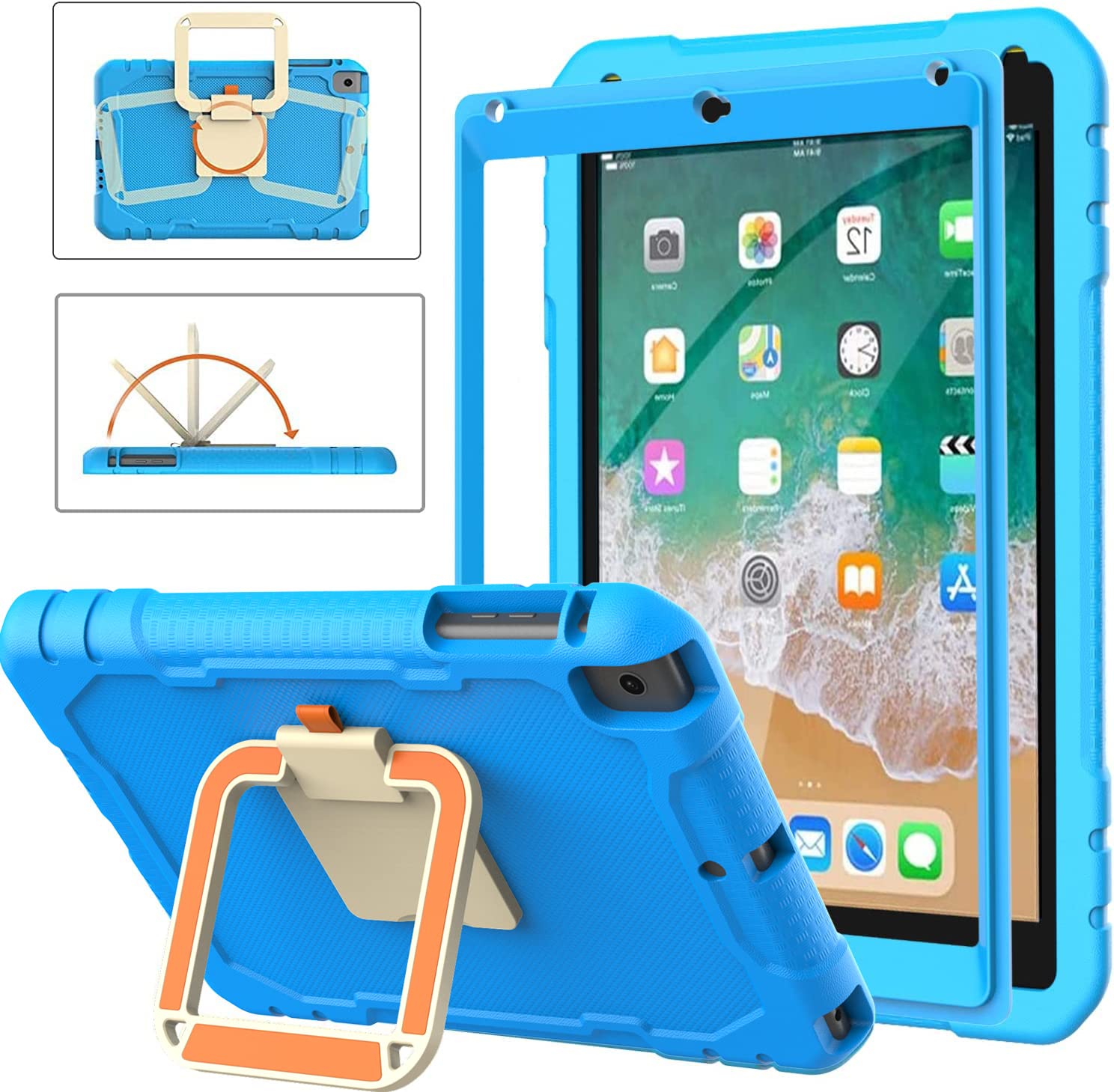 Shockproof Kids iPad Case for iPad 6th/5th Gen & iPad Air 2 (9.7 Inch) - Built-in Screen Protector, 360° Rotating Handle Stand, Lightweight Protective Cover (Blue) - Perfect for School, Travel & Home Learning