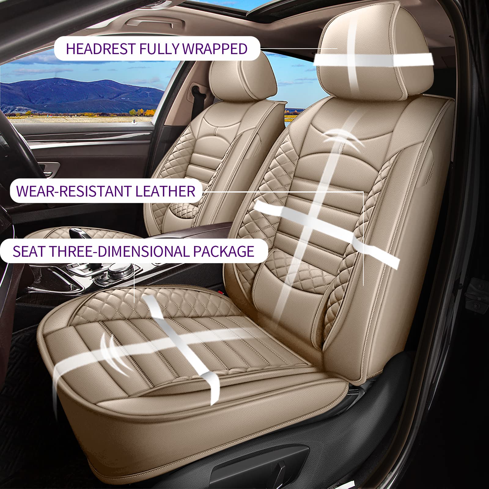Premium Faux Leather Waterproof Front Car Seat Covers for Ford Escape 2001-2025 - Airbag Compatible Seat Protector (Beige) | Durable Protection for Daily Commute & Road Trips