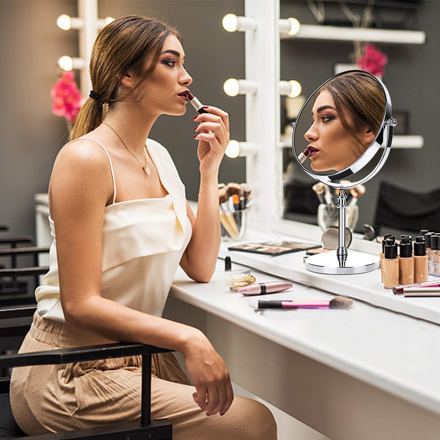 8 Inch 10X Magnifying Mirror with Round Stand - Double Sided 10X/1X Makeup Mirror for Tabletop, Vanity Desk & Bathroom - Perfect for Makeup Application, Skincare Routine & Eyebrow Grooming