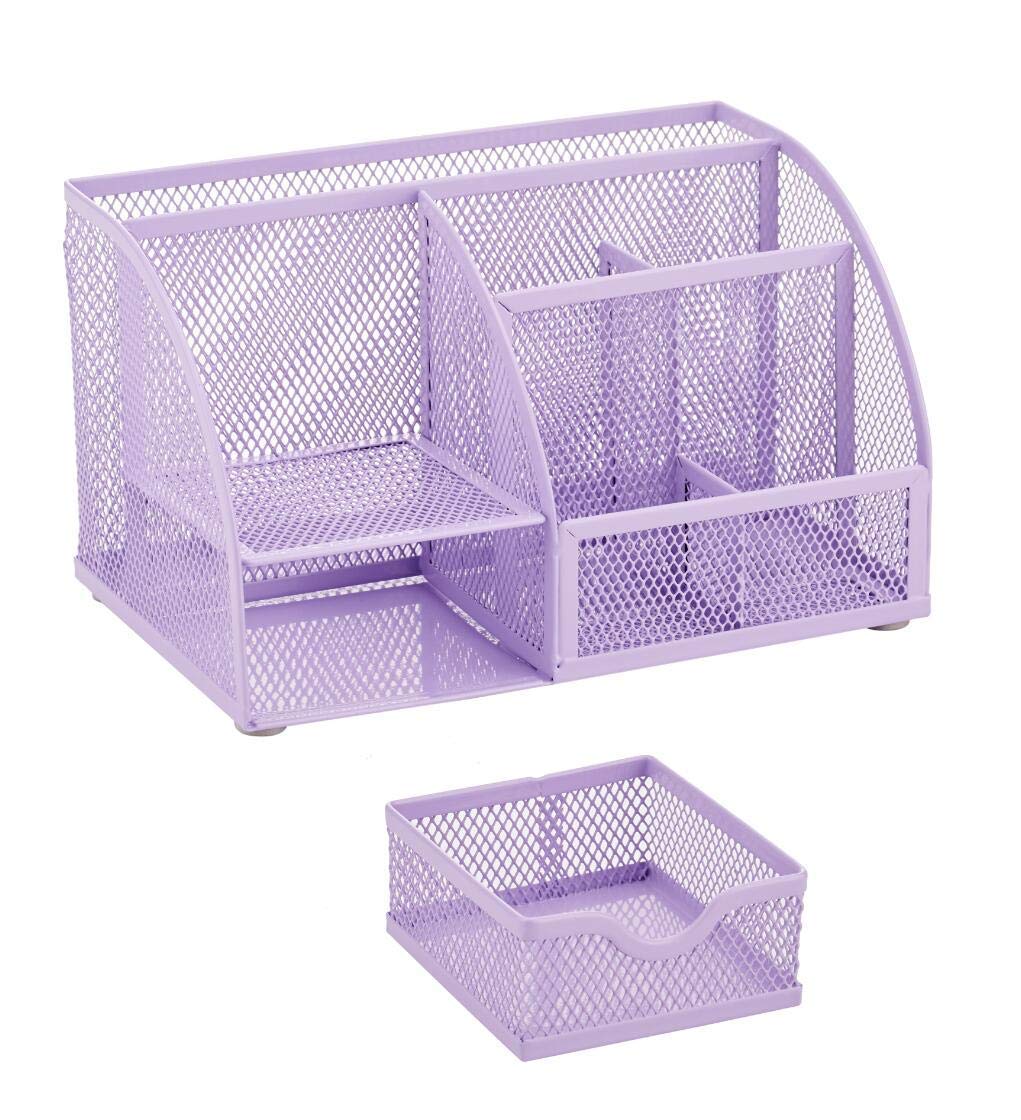 Anova Mesh Desk Organizer with 7 Compartments & Drawer - Multifunctional Office Organizer for Pens, Candy, Supplies (Light Purple) - Perfect for Home, Office & School Organization