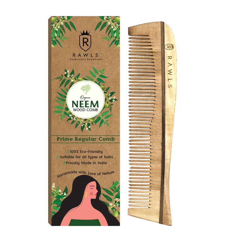 RAWLS Handmade Kacchi Neem Wood Comb for Hair Growth, Hair Loss, Dandruff & Frizz Control - Infused with 14 Herbs, Neem, Sesame & Coconut Oil - Suitable for All Hair Types - Women's Hair Care Essential - Perfect for Daily Styling & Scalp Massage